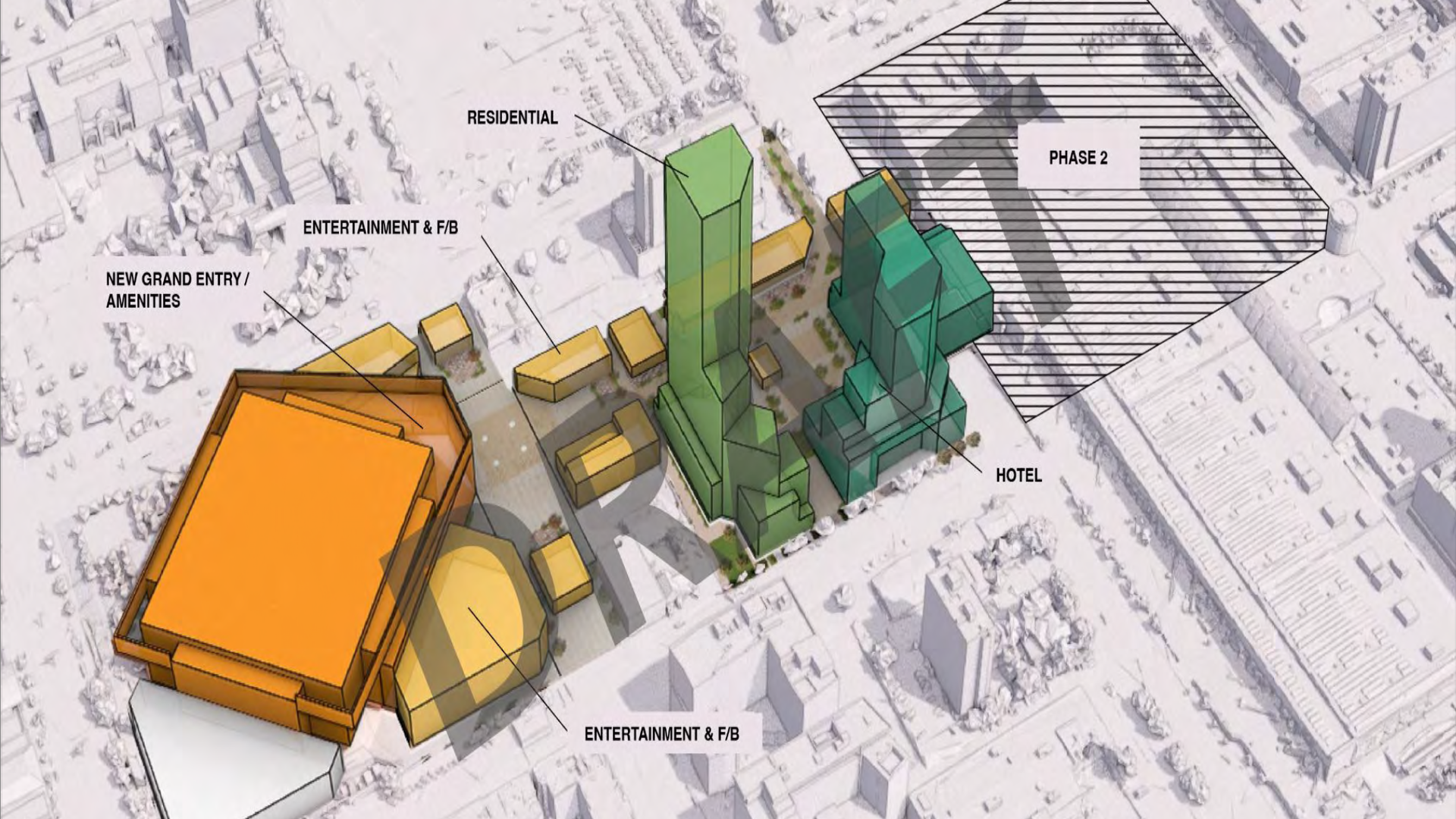 A 3-D map of buildings and street design proposed for three city blocks.