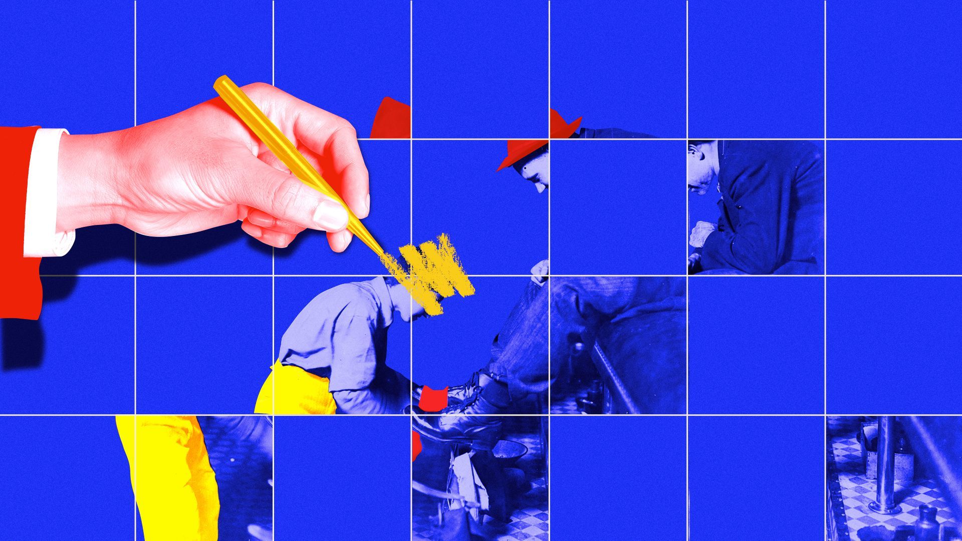 Photo illustration of a hand scribbling over an old photo of a shoe shine boy. 