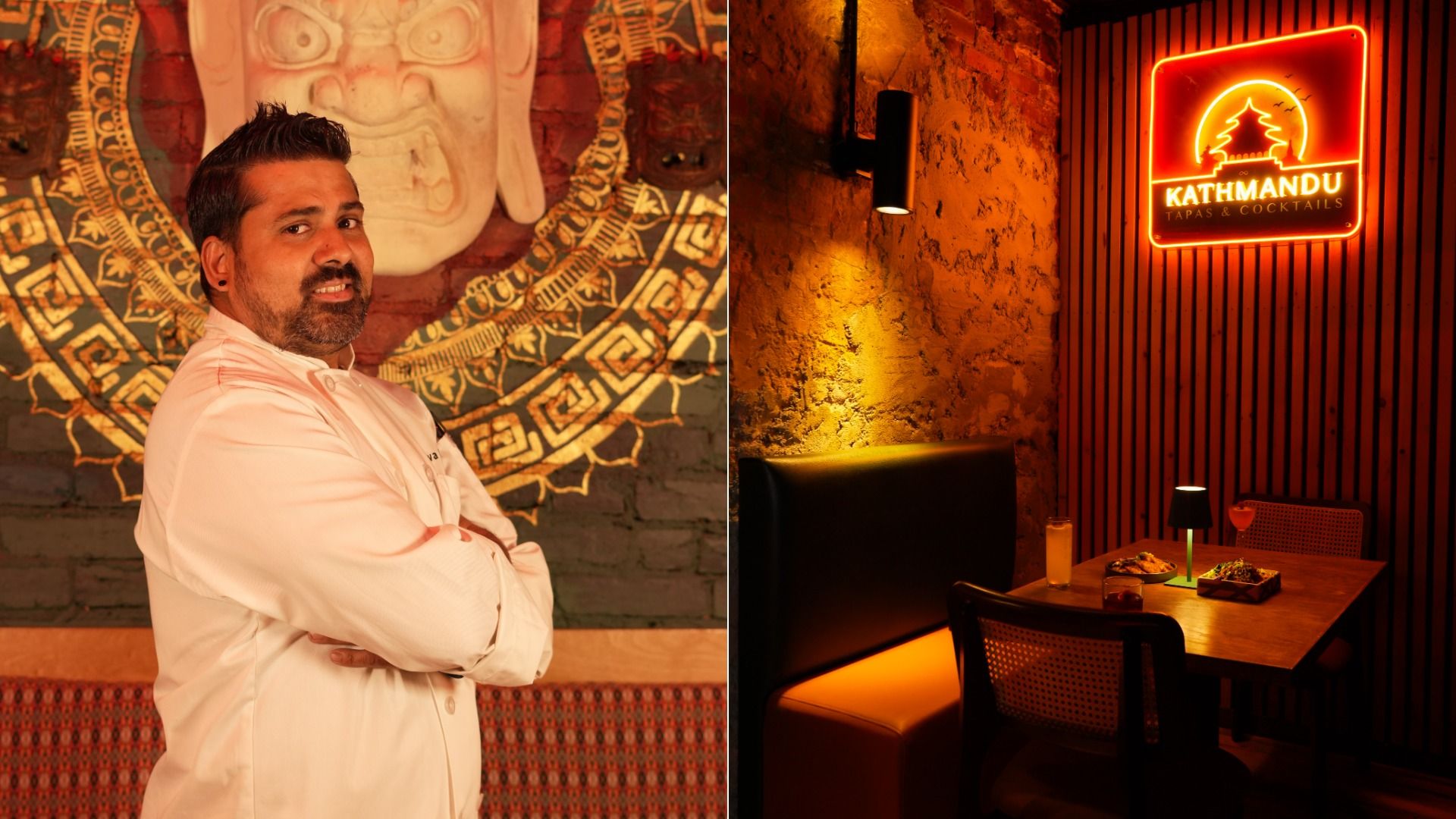 Split image: left features a chef in a white coat with arms crossed before a colorful mural; right shows a brick-walled dining area with a bright Kathmandu neon sign and a table of tapas and drinks.