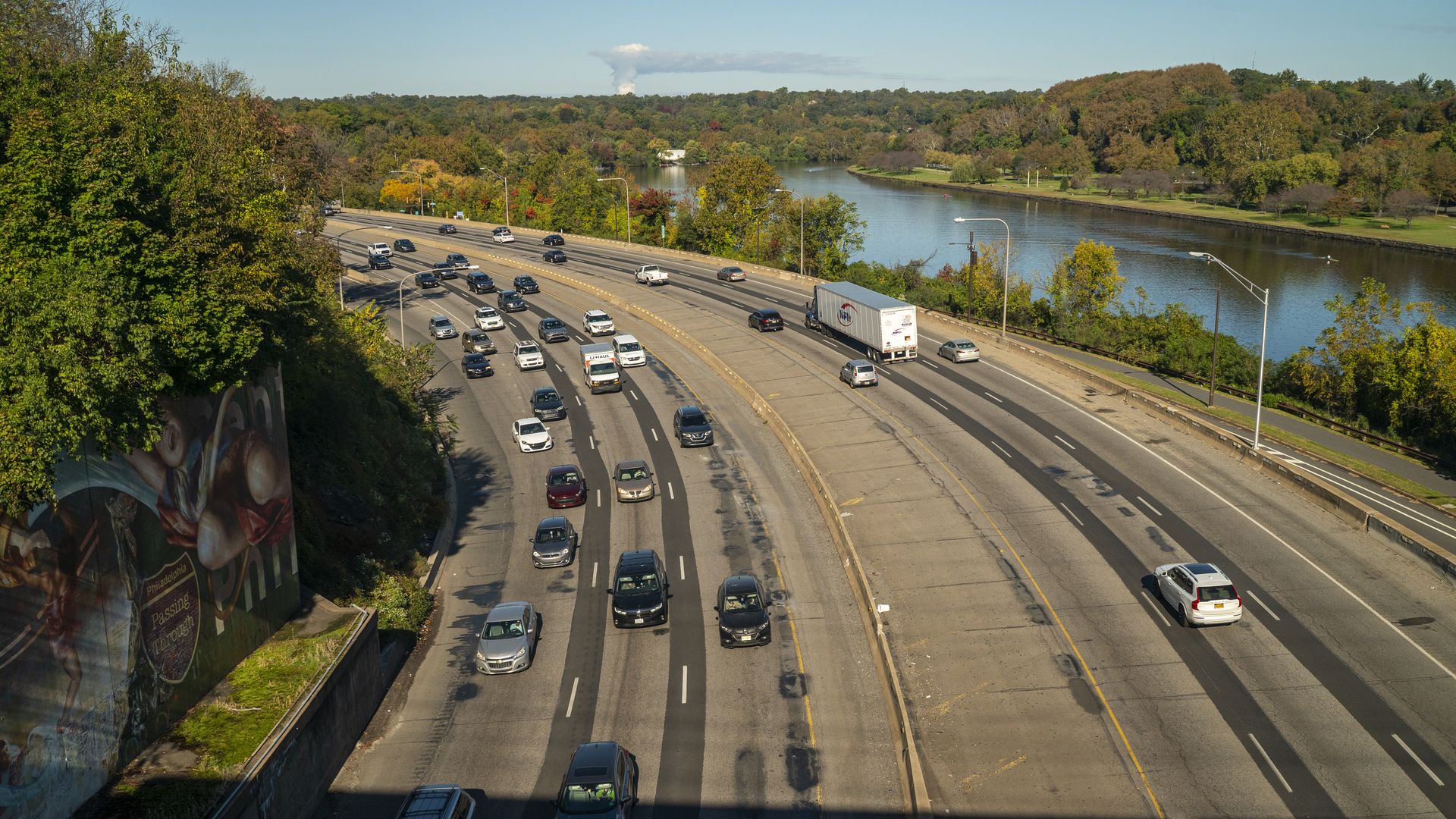 Cars wait in traffic on the Schuylkill Expressway.