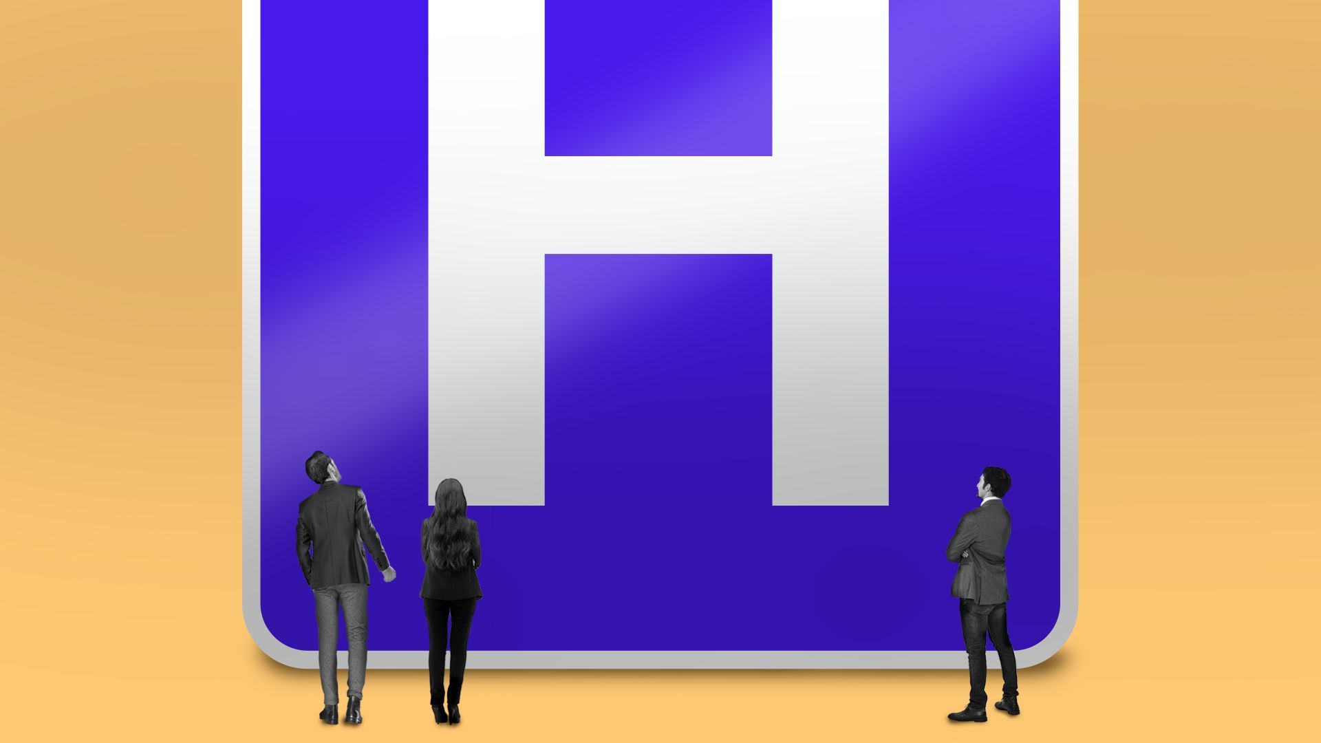 Illustration of tiny people looking up at a huge hospital sign.