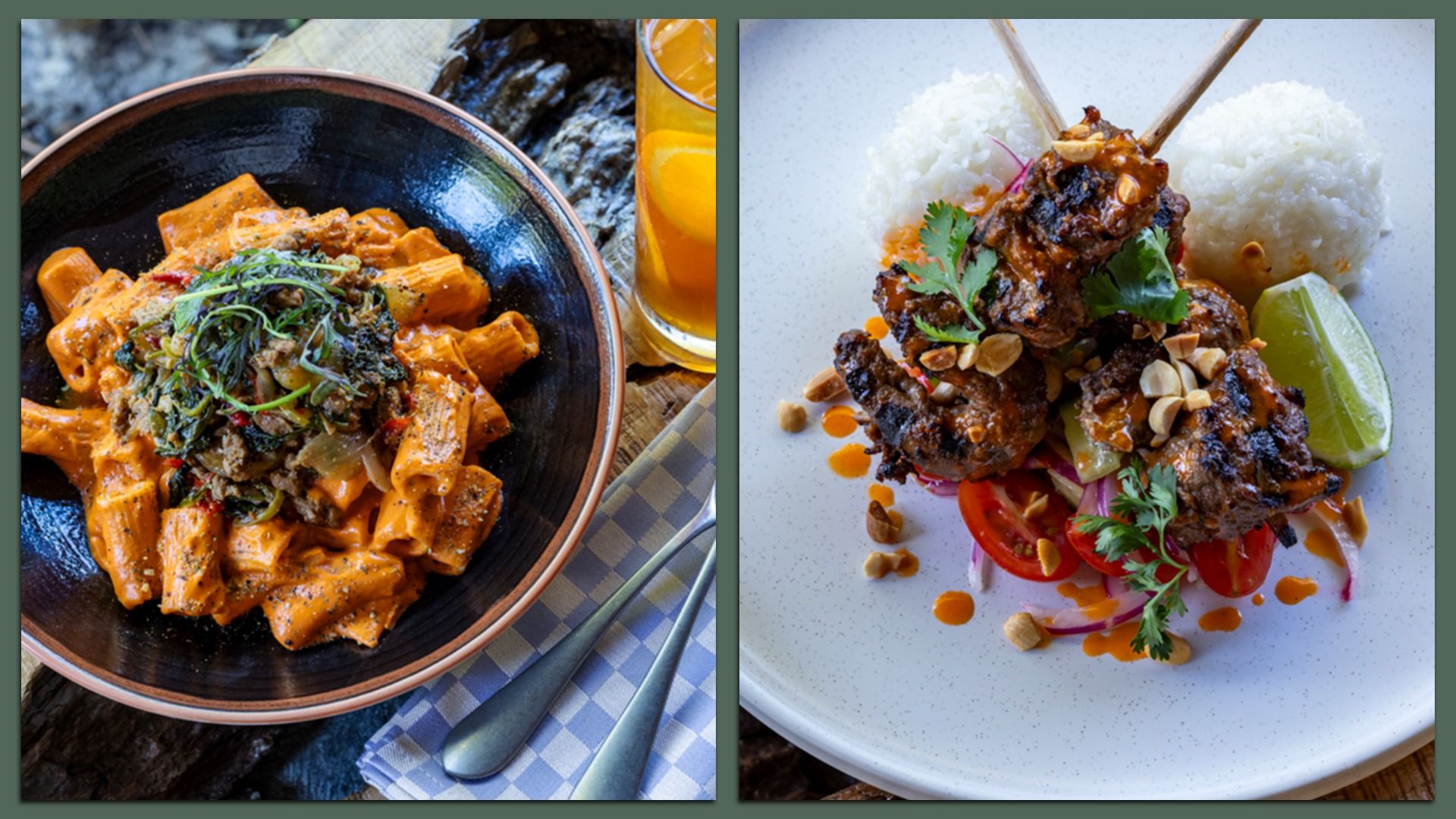 Two dishes: left, orange creamy pasta with greens in a black bowl; right, grilled skewered chicken wings with cashews, herbs, cherry tomatoes, red onions, lime wedge, and two rice mounds on a white plate.