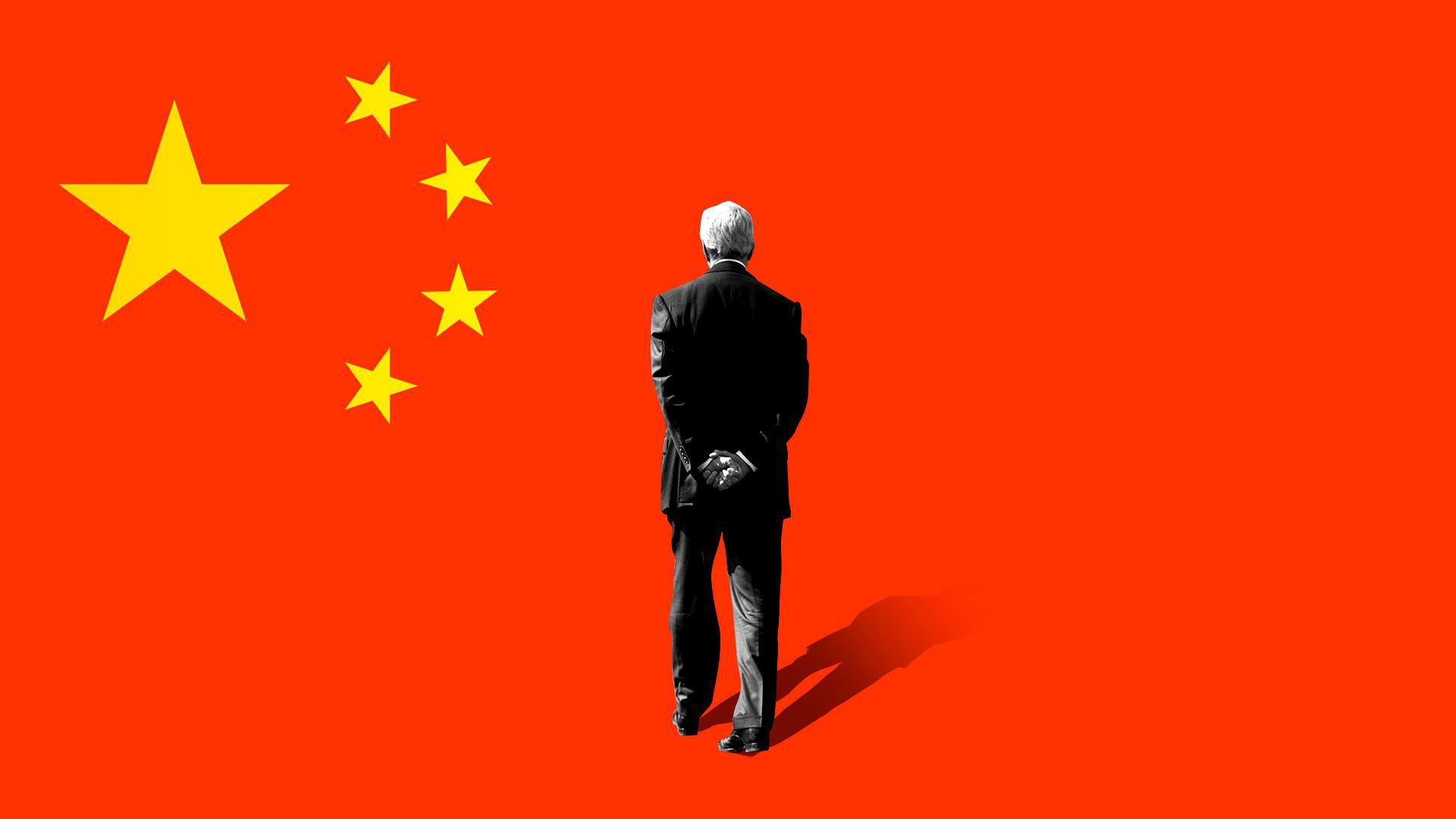 Illustration of Biden walking in front of a China flag.