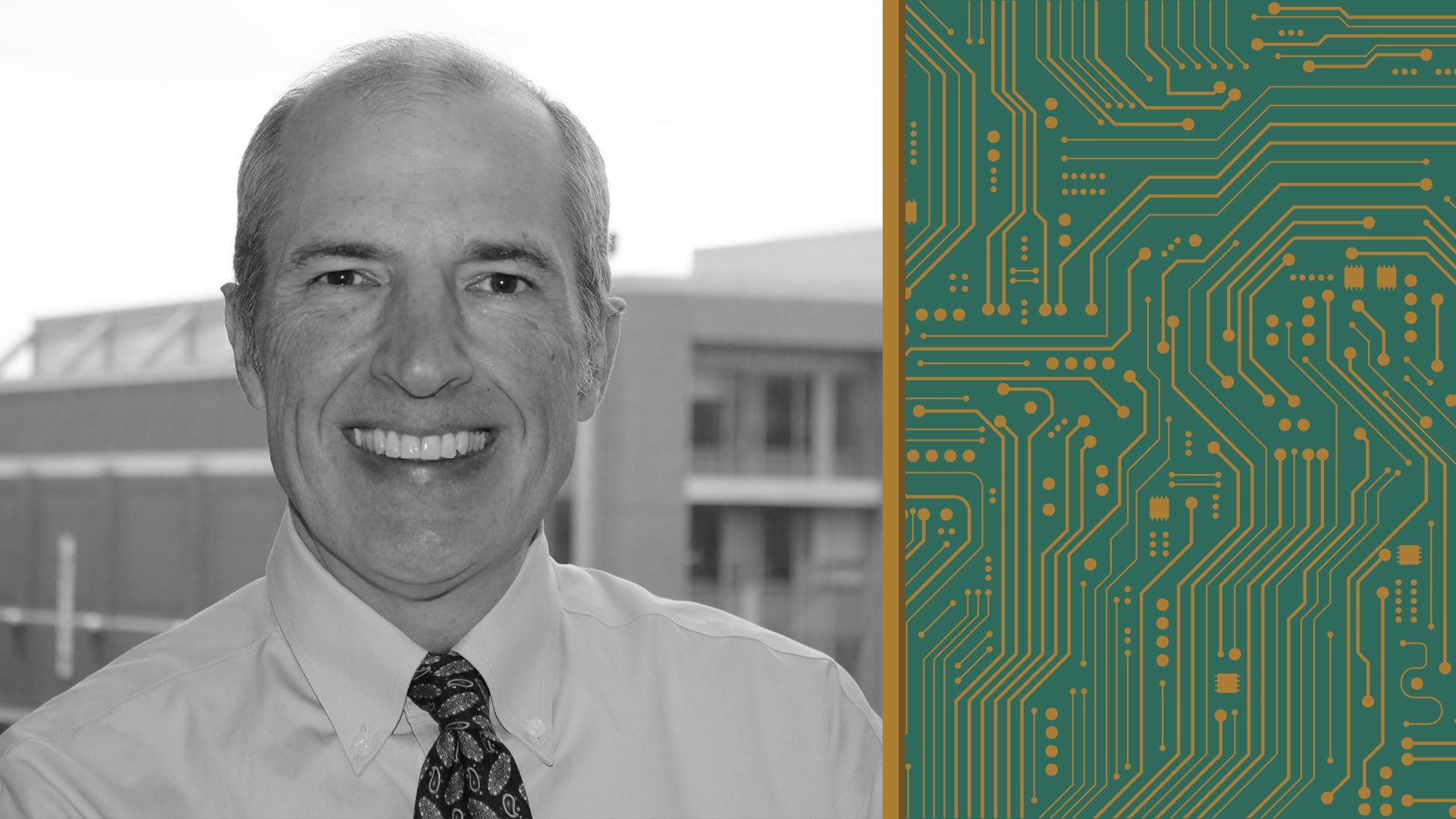 Photo illustration of Steven Koester next to a circuit pattern.