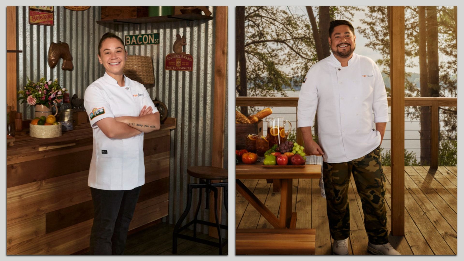 Two chefs smiling, one standing indoors by a rustic kitchen counter with fruit and flowers, the other outdoors on a wooden deck with a table of bread, fruit, and iced tea.