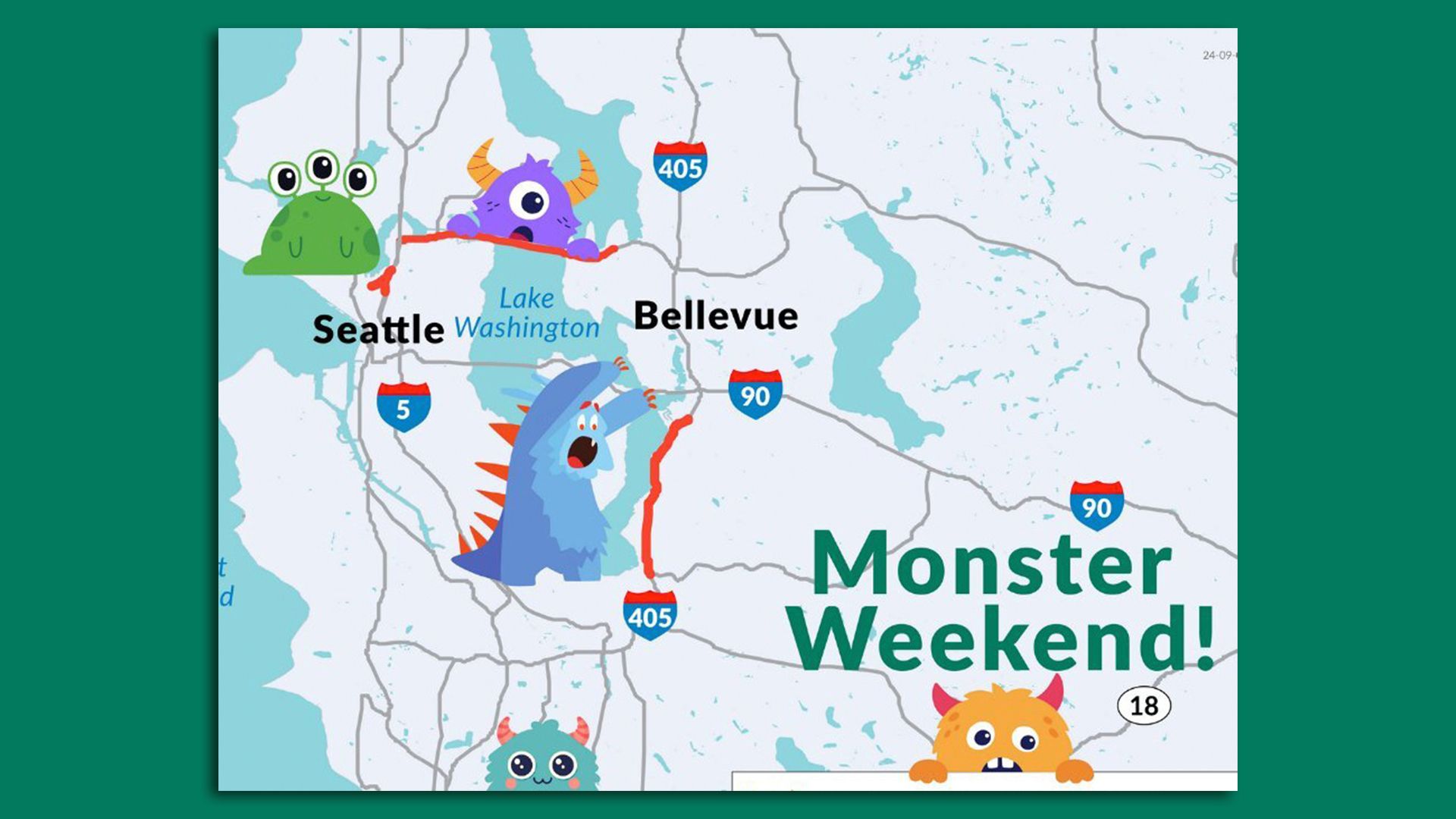 A map of Seattle area roads with monsters showing road closures. 