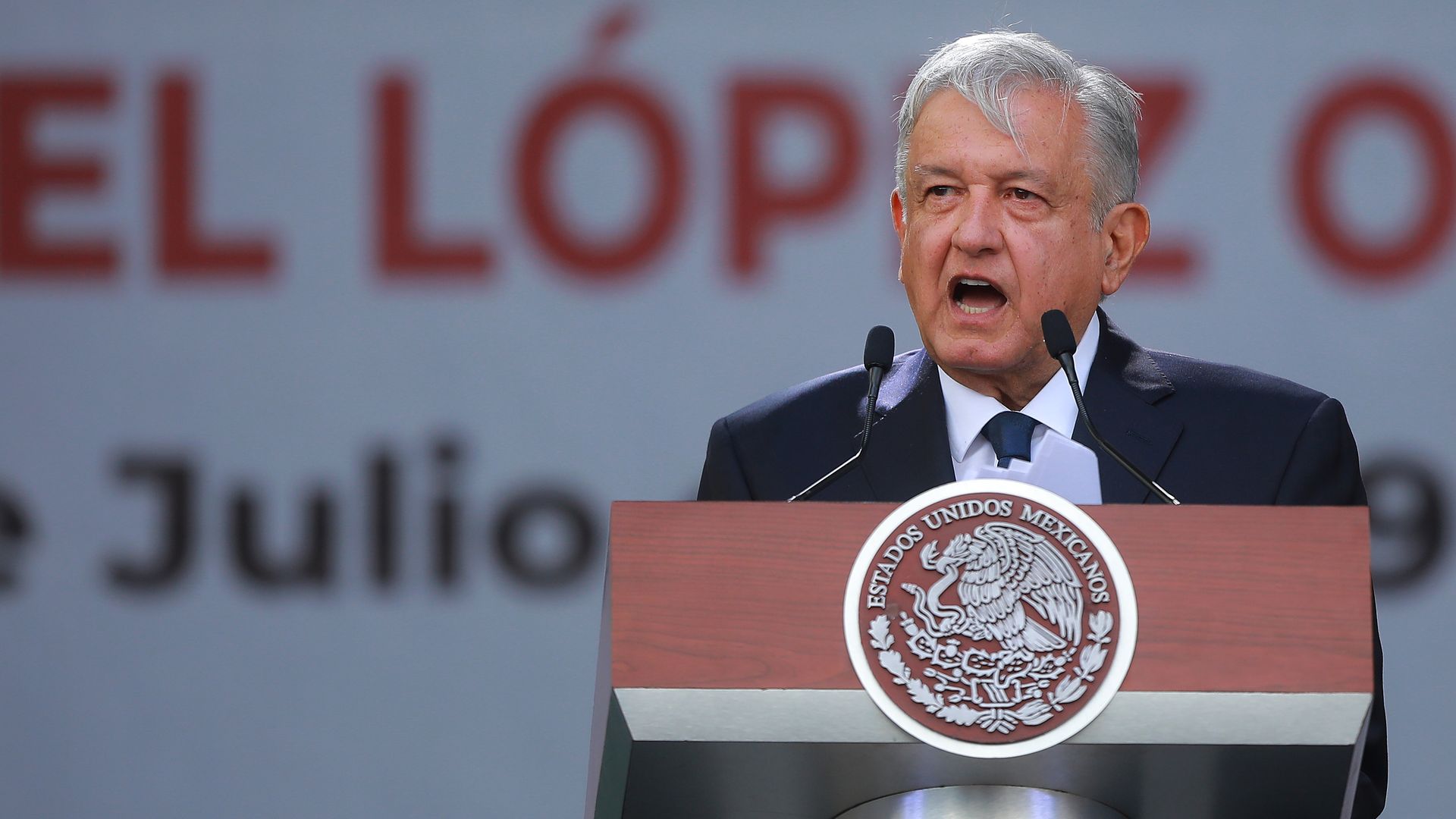 Andres Manuel Lopez Obrador speaks during a ceremony to celebrate his administration's first anniversary at Zocalo on July 01, 2019 in Mexico City, Mexico