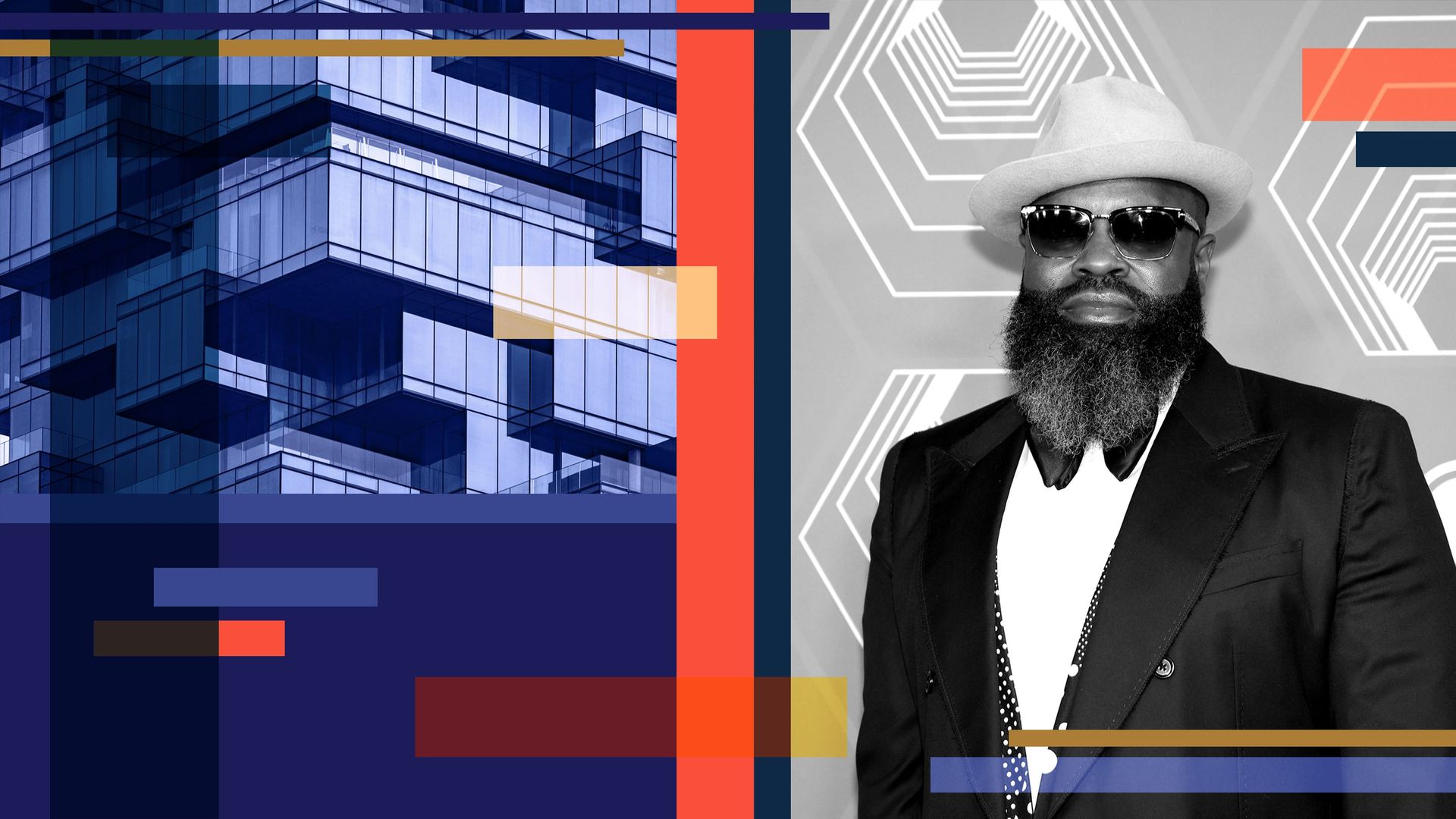 Photo illustration of Black Thought, with abstract shapes.