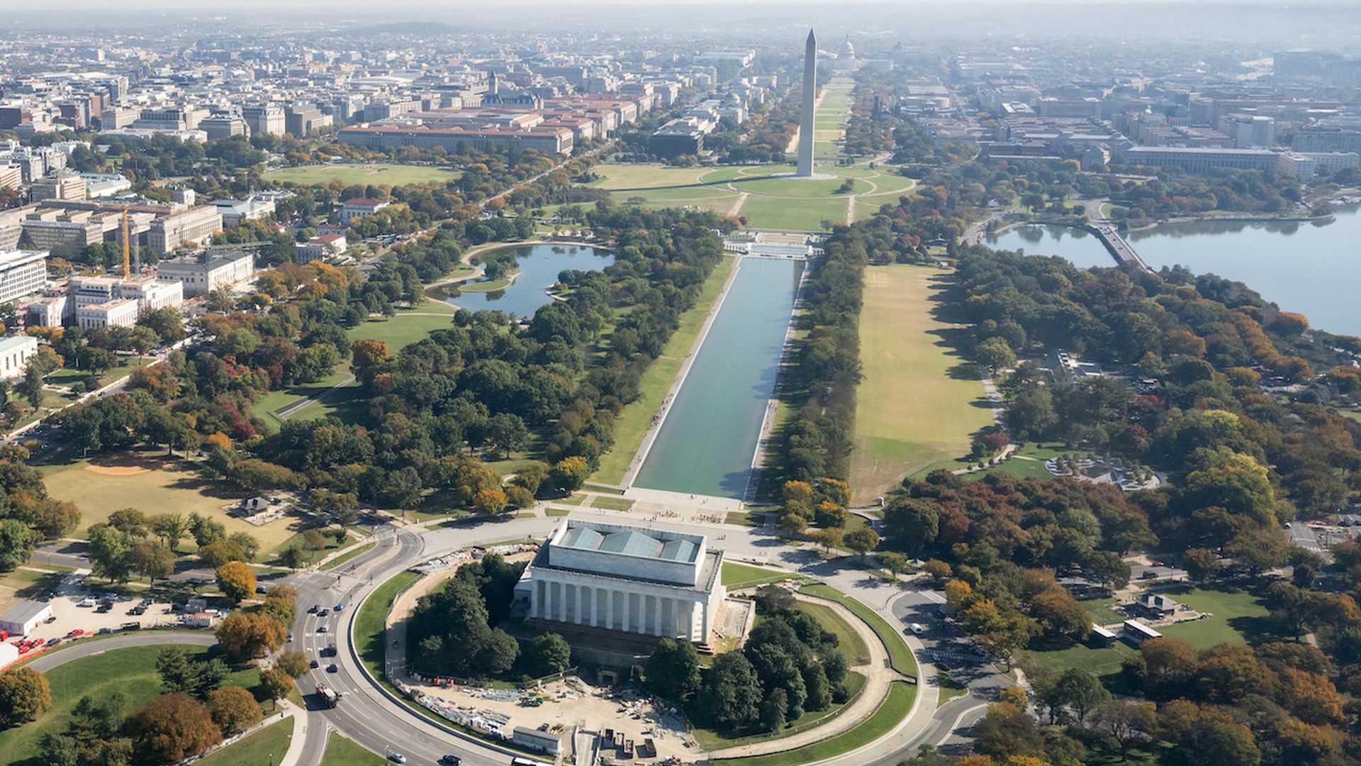 The Lincoln Memorial, Washington Monument and US Capitol are seen along the National Mall in an aerial photograph taken on approach to Ronald Reagan Washington National Airport near Washington, DC, on October 22, 2024. (Photo by SAUL LOEB / AFP) (Photo by SAUL LOEB/AFP via Getty Images)