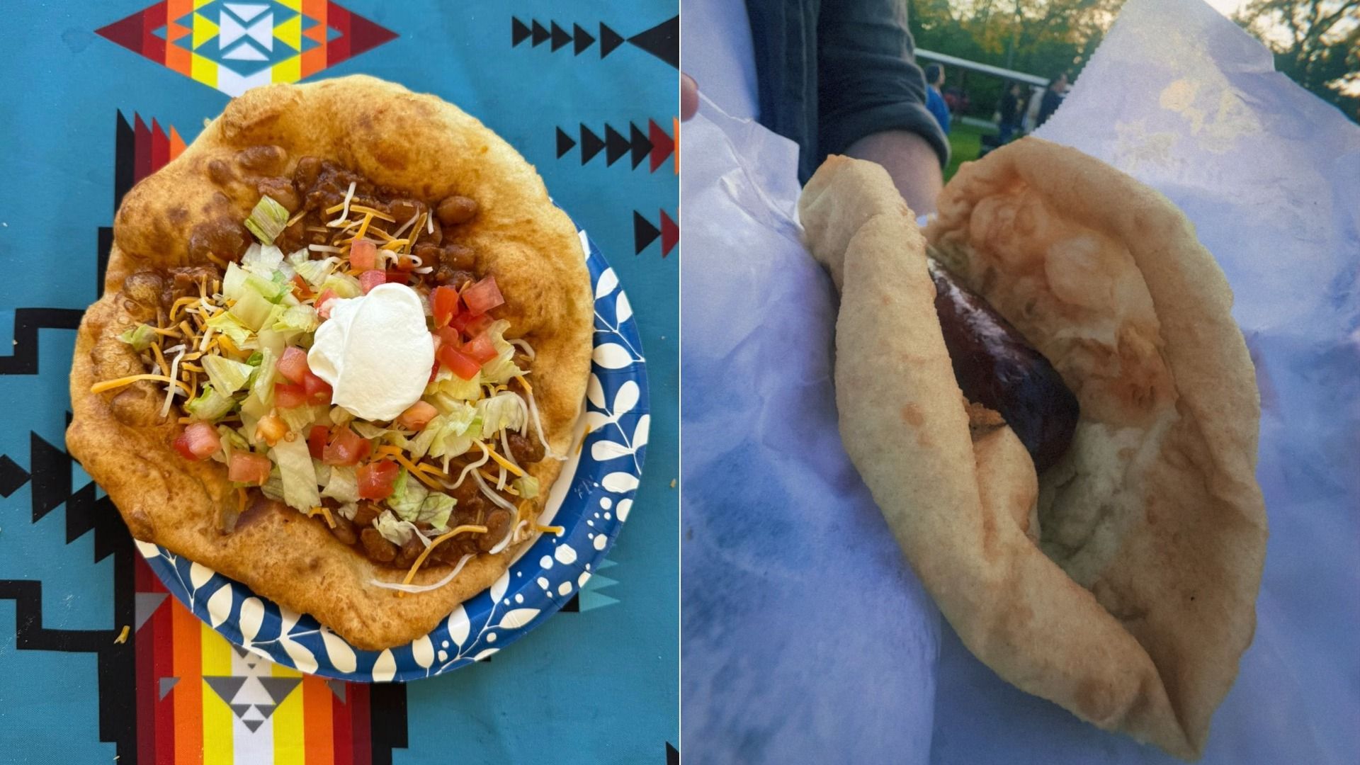 Two-panel image: left shows a taco topped with lettuce, tomatoes, cheese and sour cream on a blue patterned table; right shows a fried dough ring with filling in parchment outdoors.