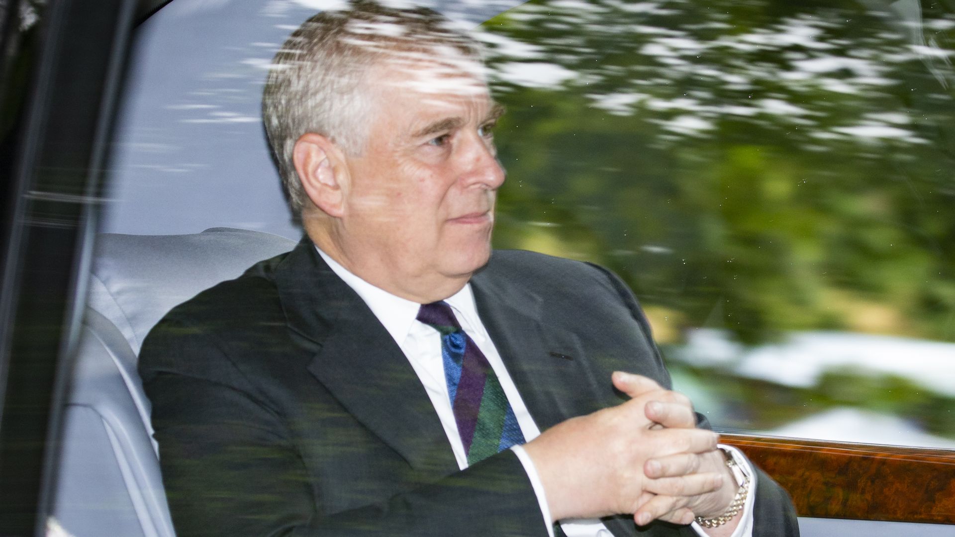 Prince Andrew in a car in Crathie, Aberdeenshire, in August 2019.