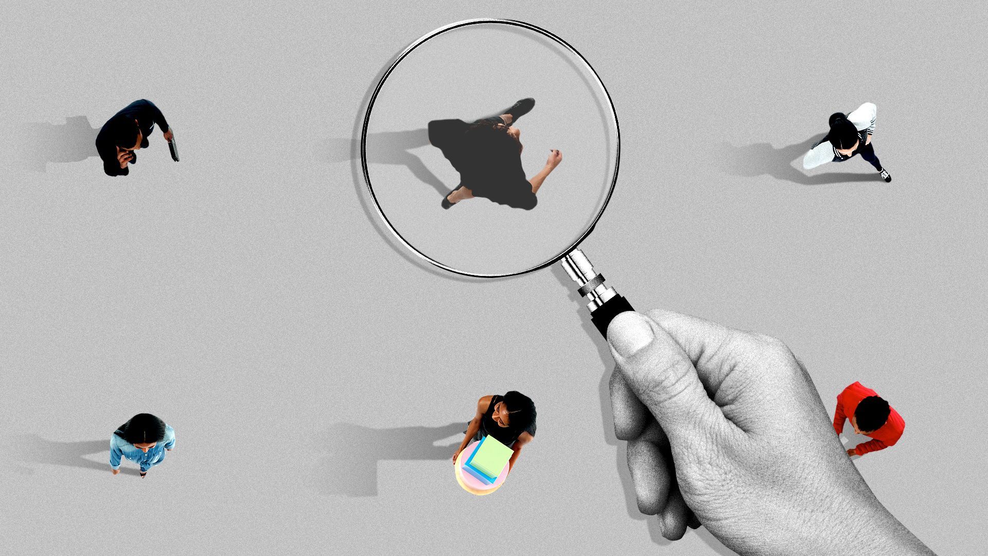 Illustration of people of color with one being examined under a magnifying glass. 