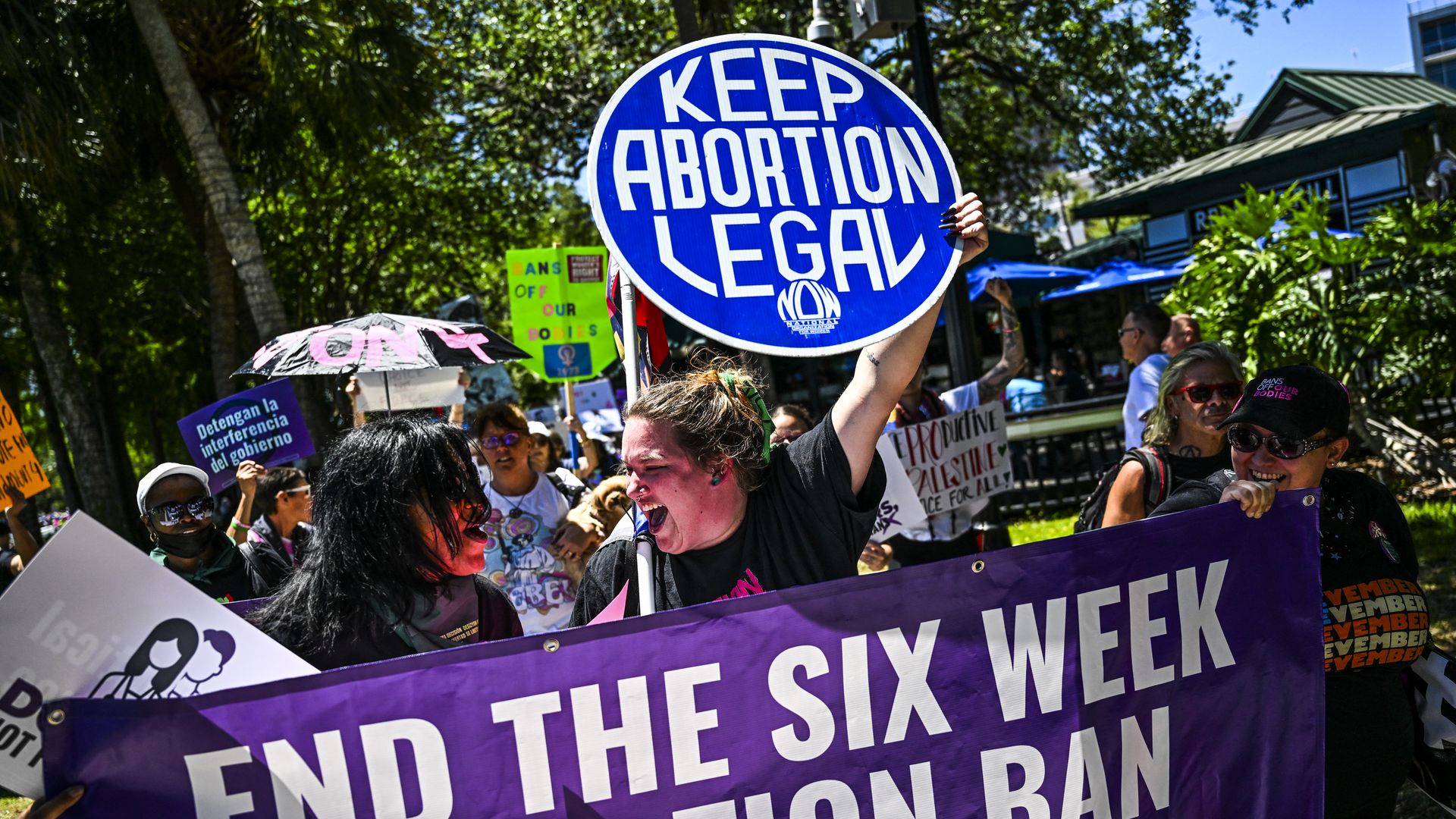 Pro-abortion rights activists participate in the "Rally for Our Freedom" to protect abortion rights for Floridians, in Orlando, Florida, on April 13, 2024. Florida Rising, Floridians Protecting Freedom, and coalition partners officially launched the "Yes on 4" campaign. Florida's Supreme Court on Ap
