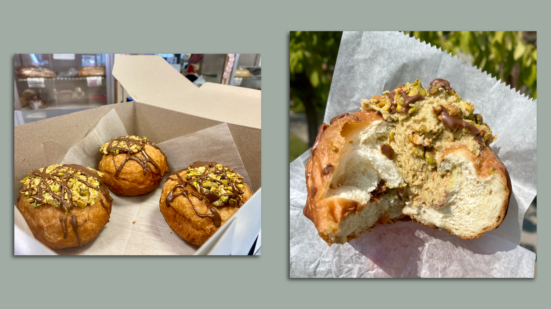 Two views of the doughnut covered in chocolate and pistachios with a muted green filling.