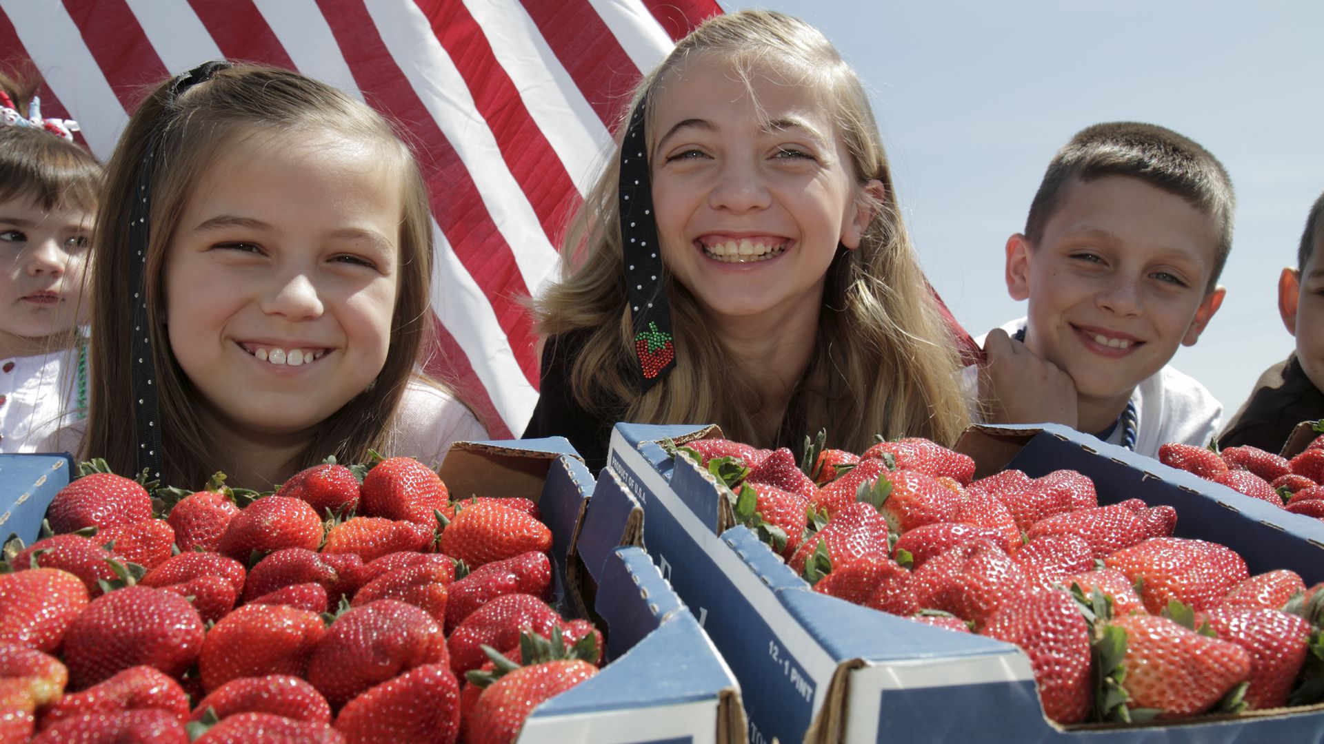 smiling children behind crates of strawberries with an american flag in the baground