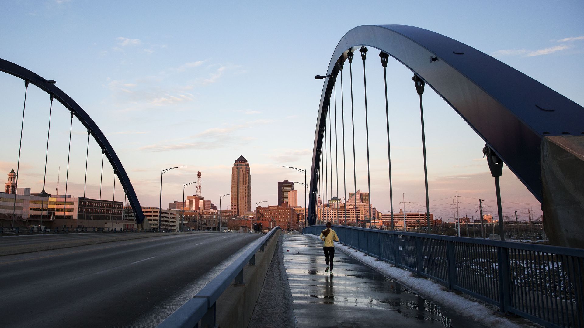 A photograph of a sunset view from the bridge on West Martin Luther King Jr. Parkway.