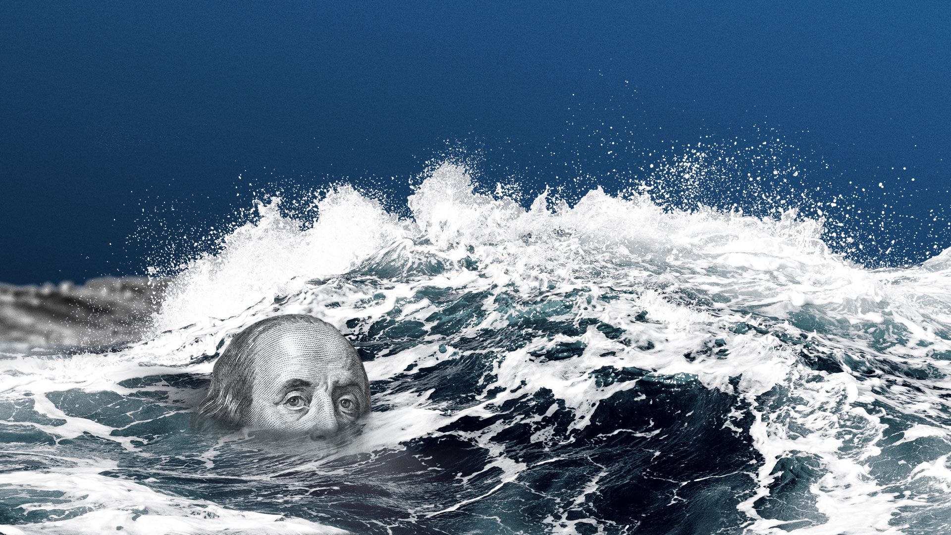 Illustration of Benjamin Franklin with his head almost under water.