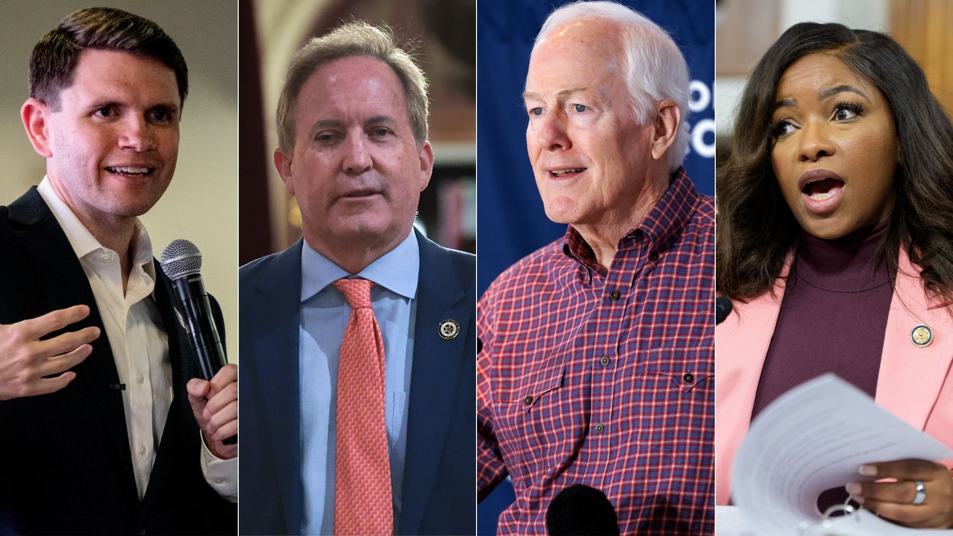 Images of James Talarico, Ken Paxton, John Cornyn and Jasmine Crockett
