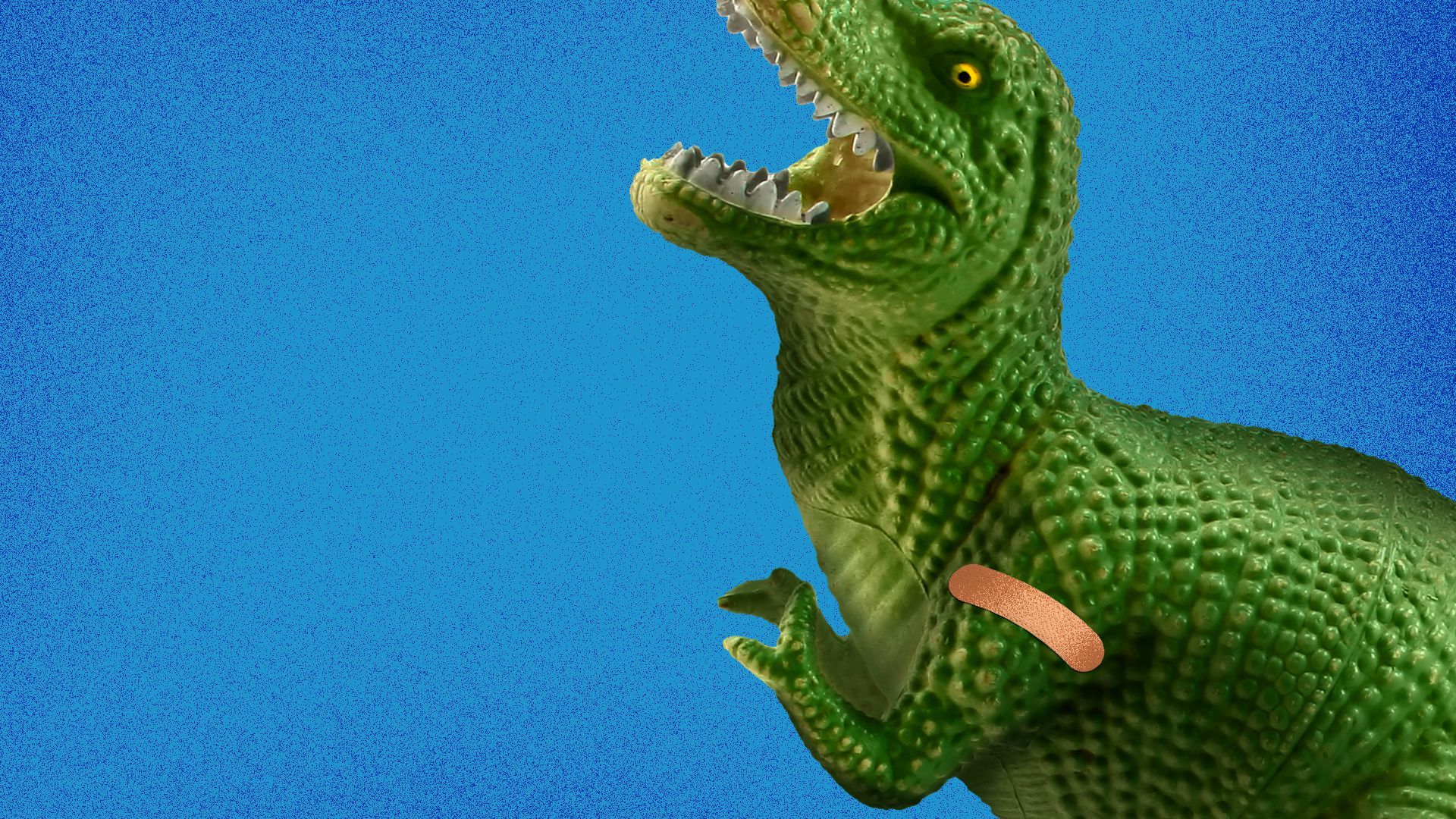 Illustration of a toy dinosaur with a bandaid on it's arm.
