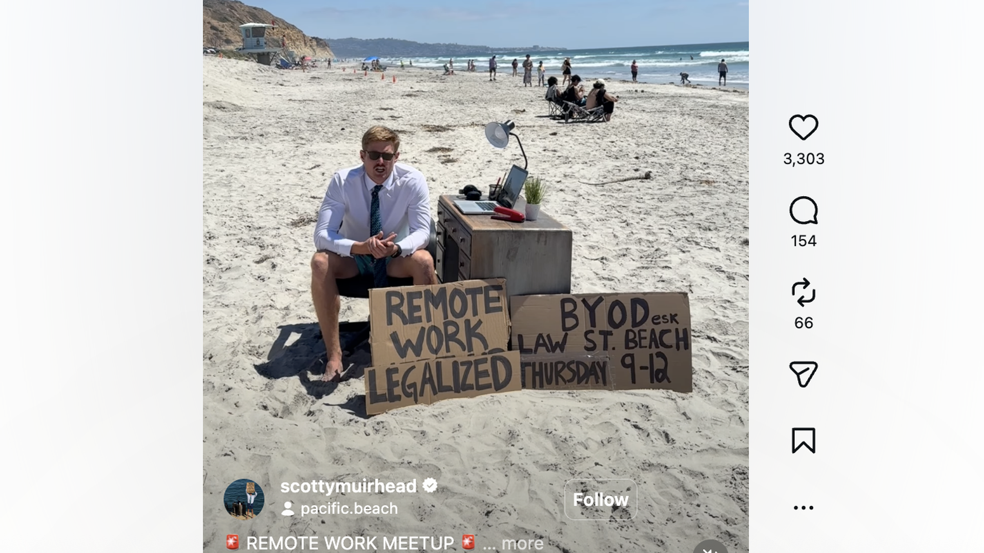 On a sunny beach, a man in a white shirt and teal tie sits at a small desk with a laptop, lamp, and plant. Signs read "REMOTE WORK LEGALIZED" and "BYODesk" as beachgoers and waves appear in the background.