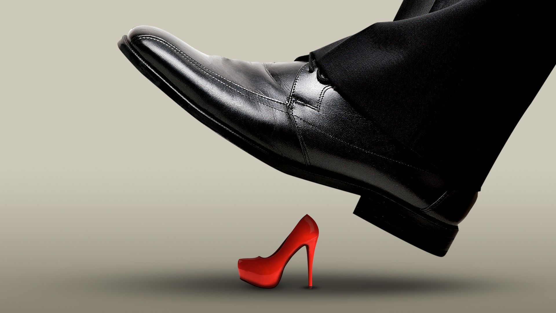 Illustration of a very large business shoe about to stomp on a smaller red platform heel.