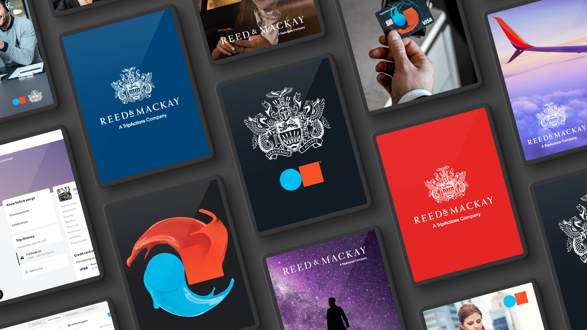 A photo illustration combining mobile screens with various stylings of the TripActions and Reed & Mackay logos.