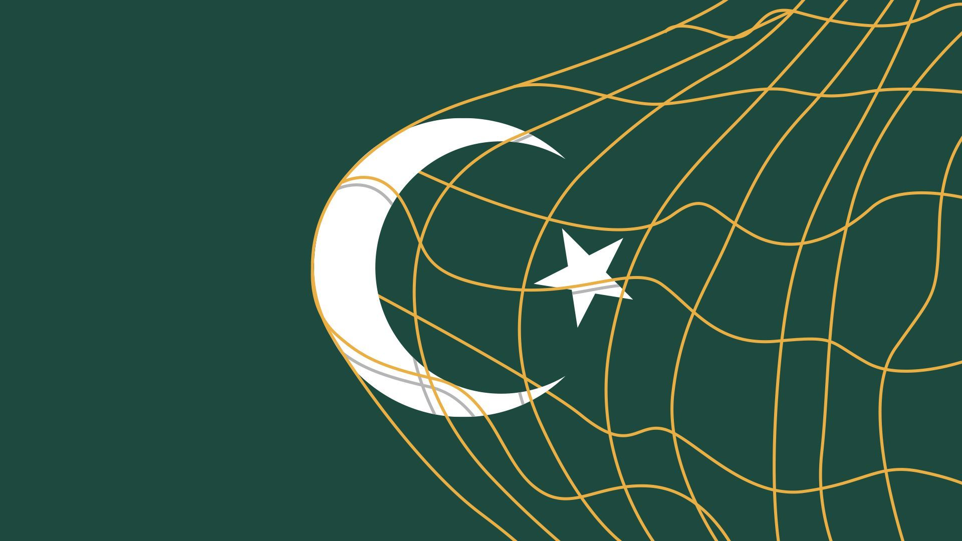 Illustration of an Islamic crescent and star being caught in a soccer goal net. 