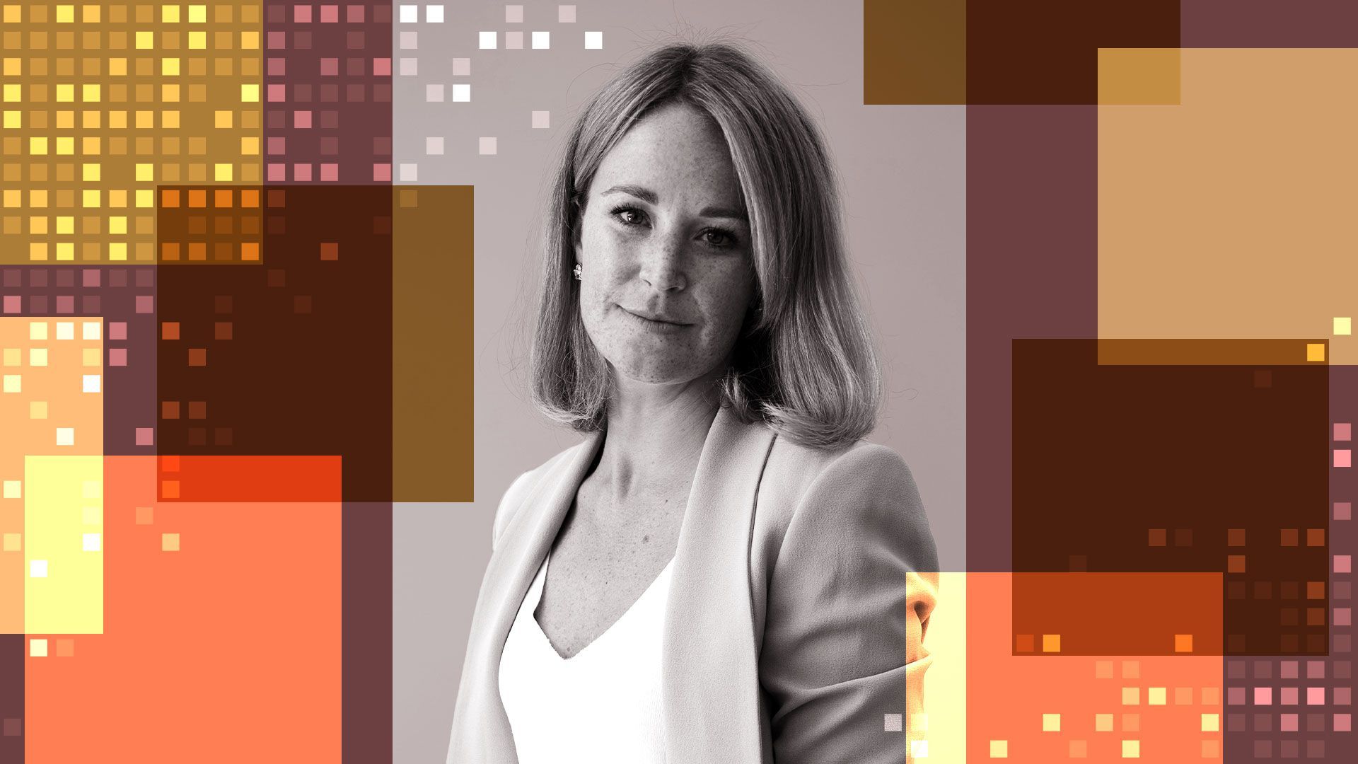 Photo illustration of Jess Houlgrave with abstract shapes.