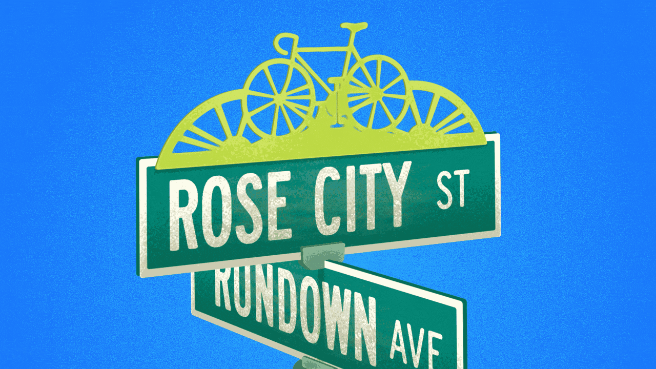 Animated illustration of two street signs with a bicycle decoration with spinning wheels on top, reading ROSE CITY RUNDOWN.