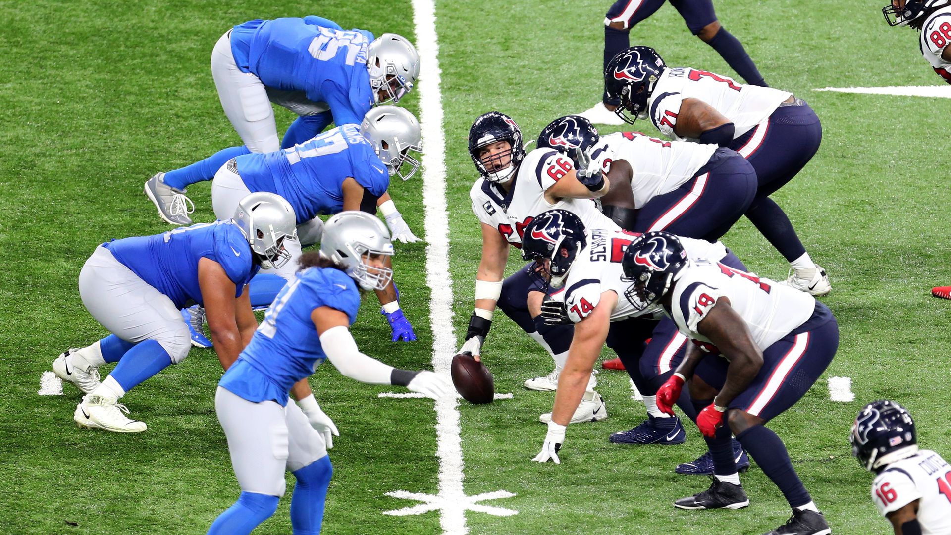 Houston Texans center Nick Martin (66) signals at the line of scrimmage during the first half of an NFL football game between the Detroit Lions and the Houston Texans i