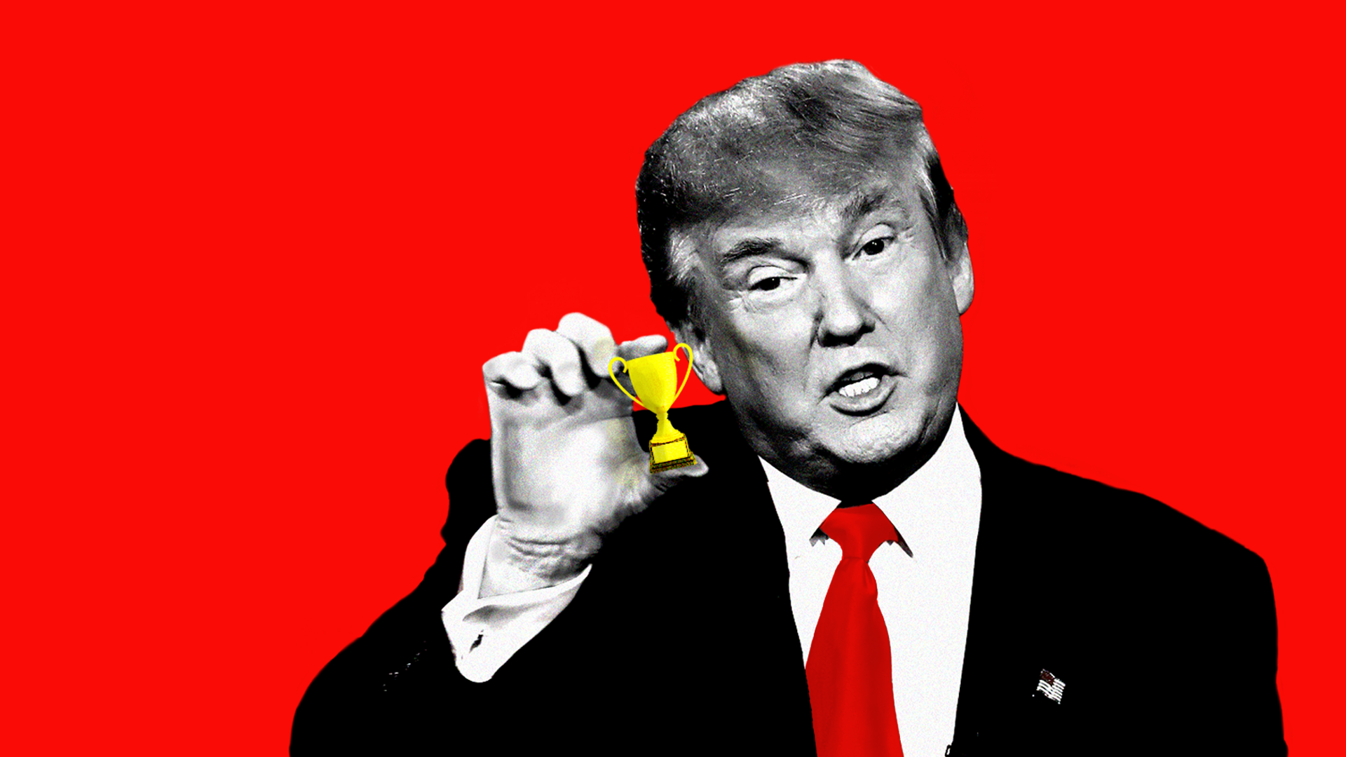 lllustration of Trump holding a tiny golden trophy