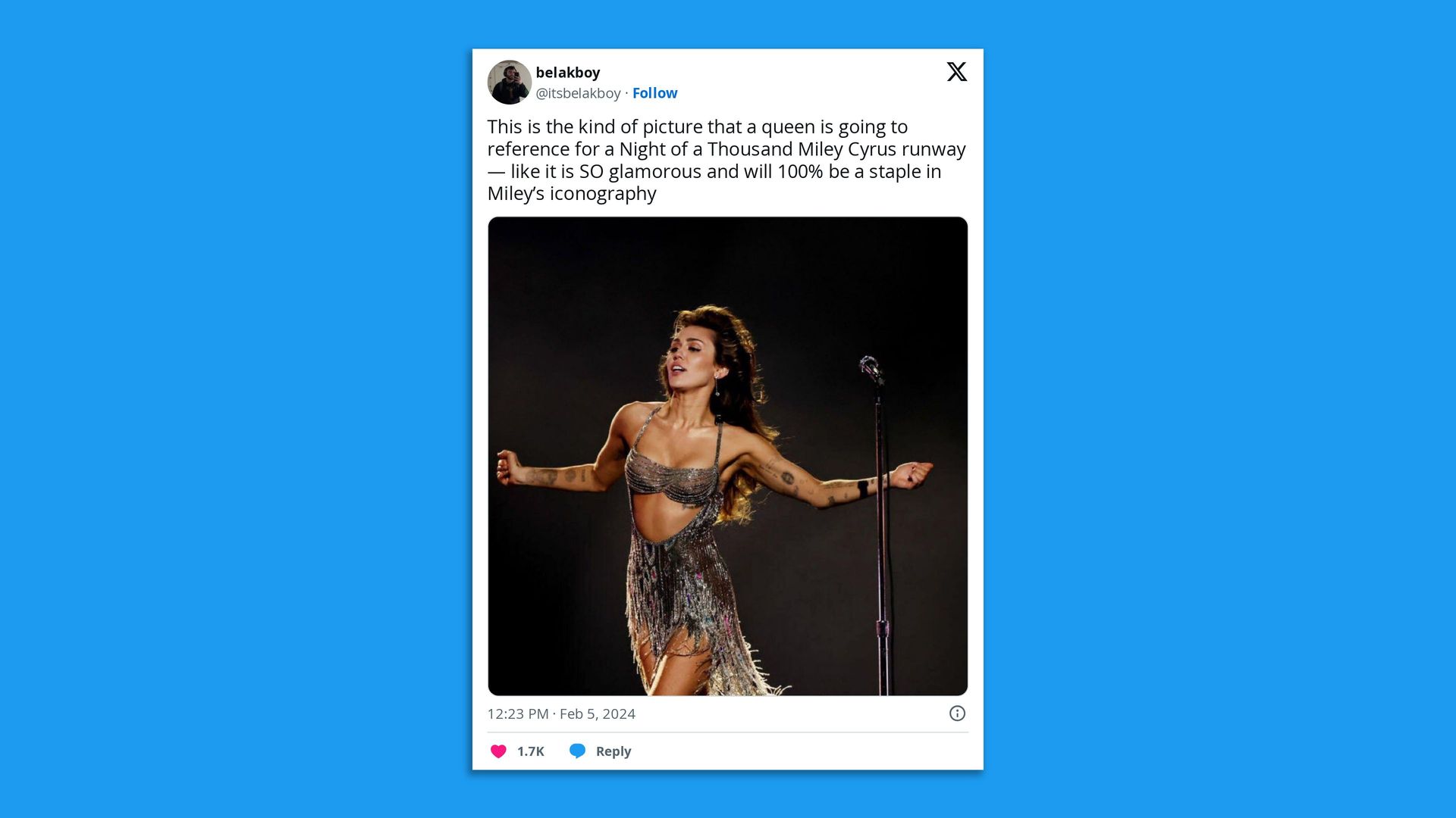 A tweet with an image of Miley Cyrus performing at the 2024 Grammys