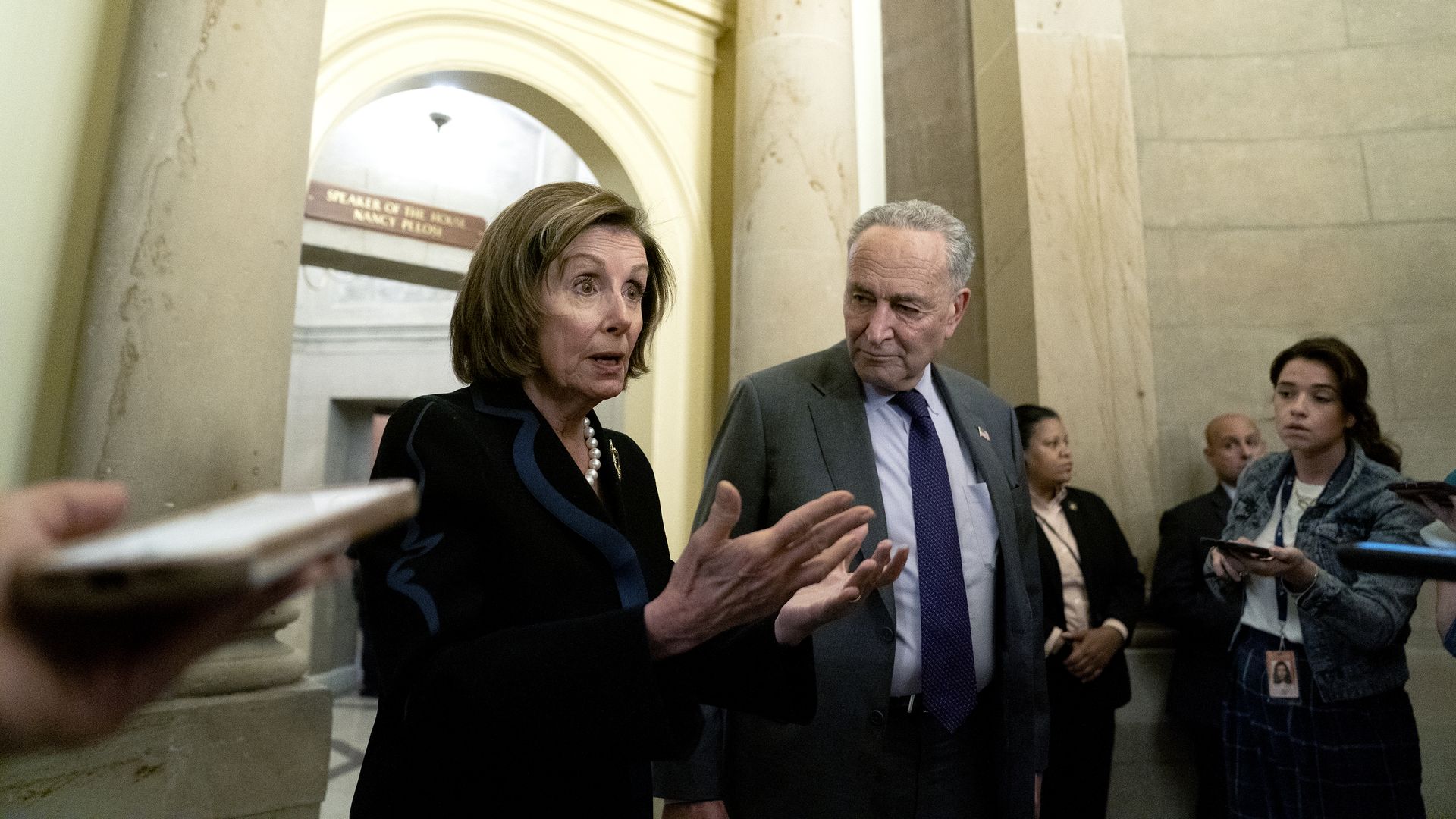 Speaker of the House Nancy Pelosi, a Democrat from California, left, and Senate Majority Leader Chuck Schumer, a Democrat from New York, speak to members of the media 
