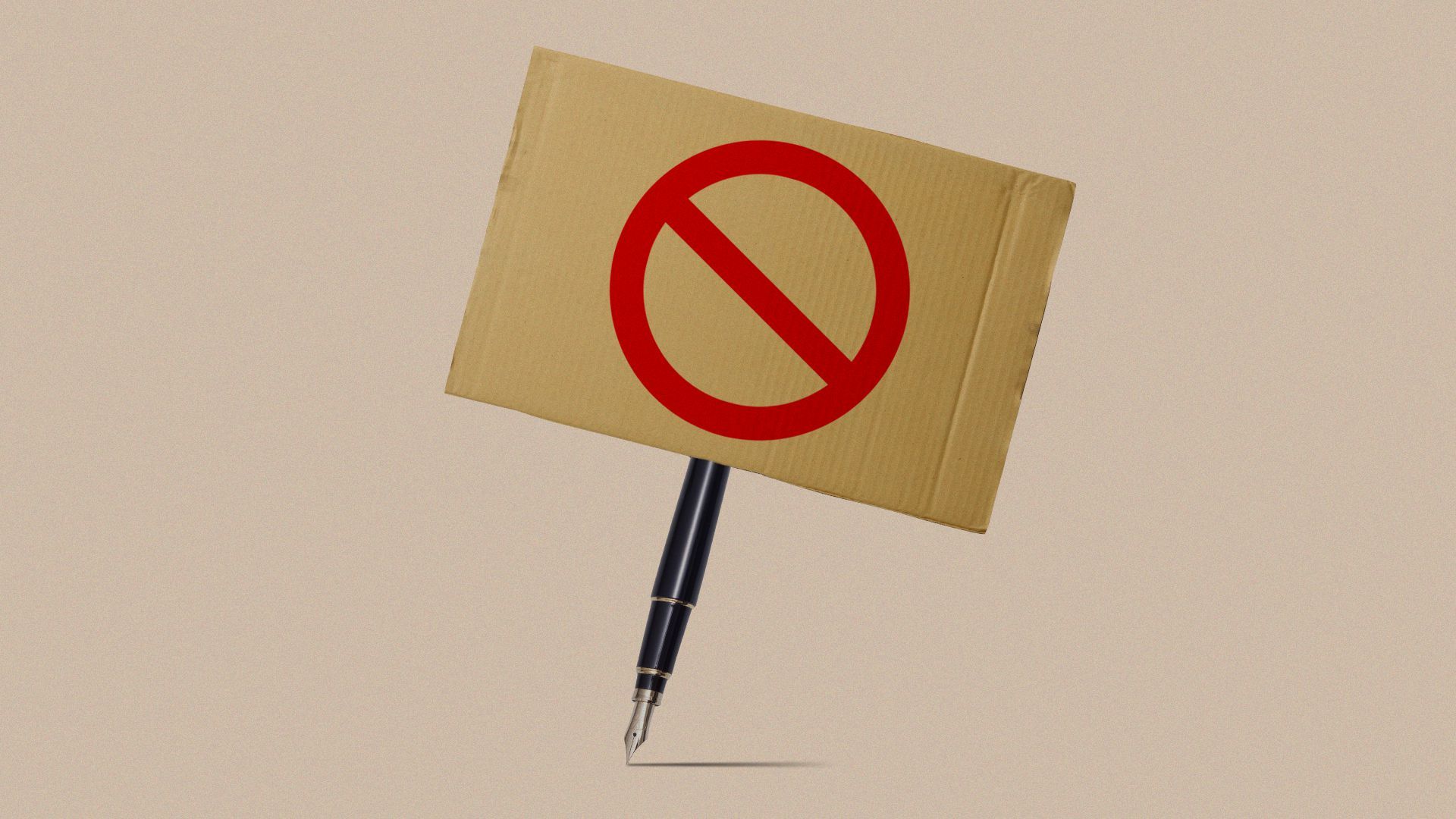Illustration of a picket sign with a pen for a handle and a "No" symbol painted on it.
