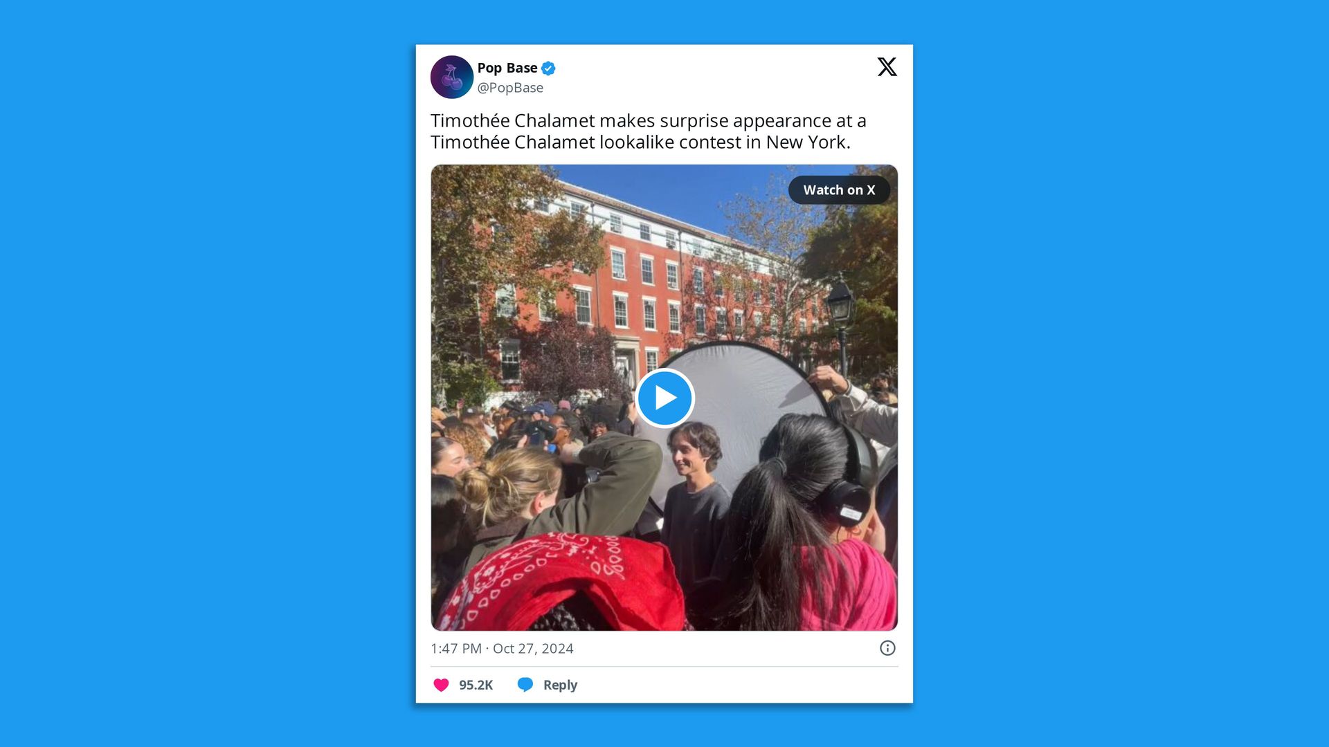 Screenshot of a tweet from Pop Base that reads, "Timothée Chalamet makes surprise appearance at a Timothée Chalamet lookalike contest in New York."