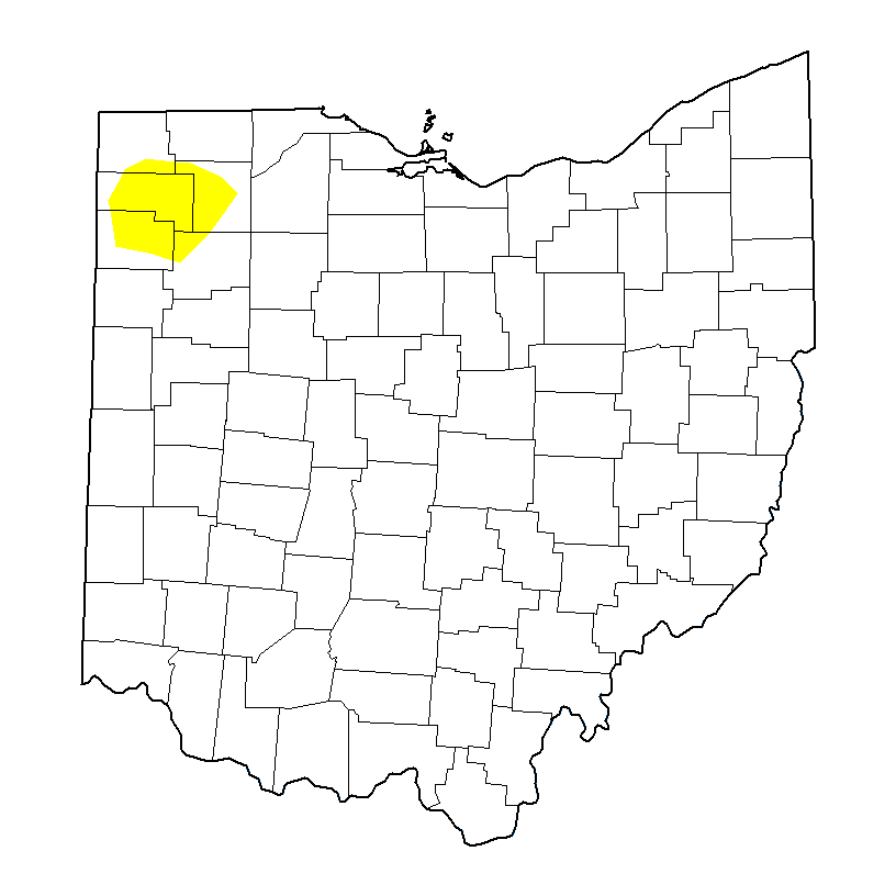 A large white map of Ohio with county borders, with just a tiny portion of Northeast Ohio showing "abnormally dry" drought conditions.