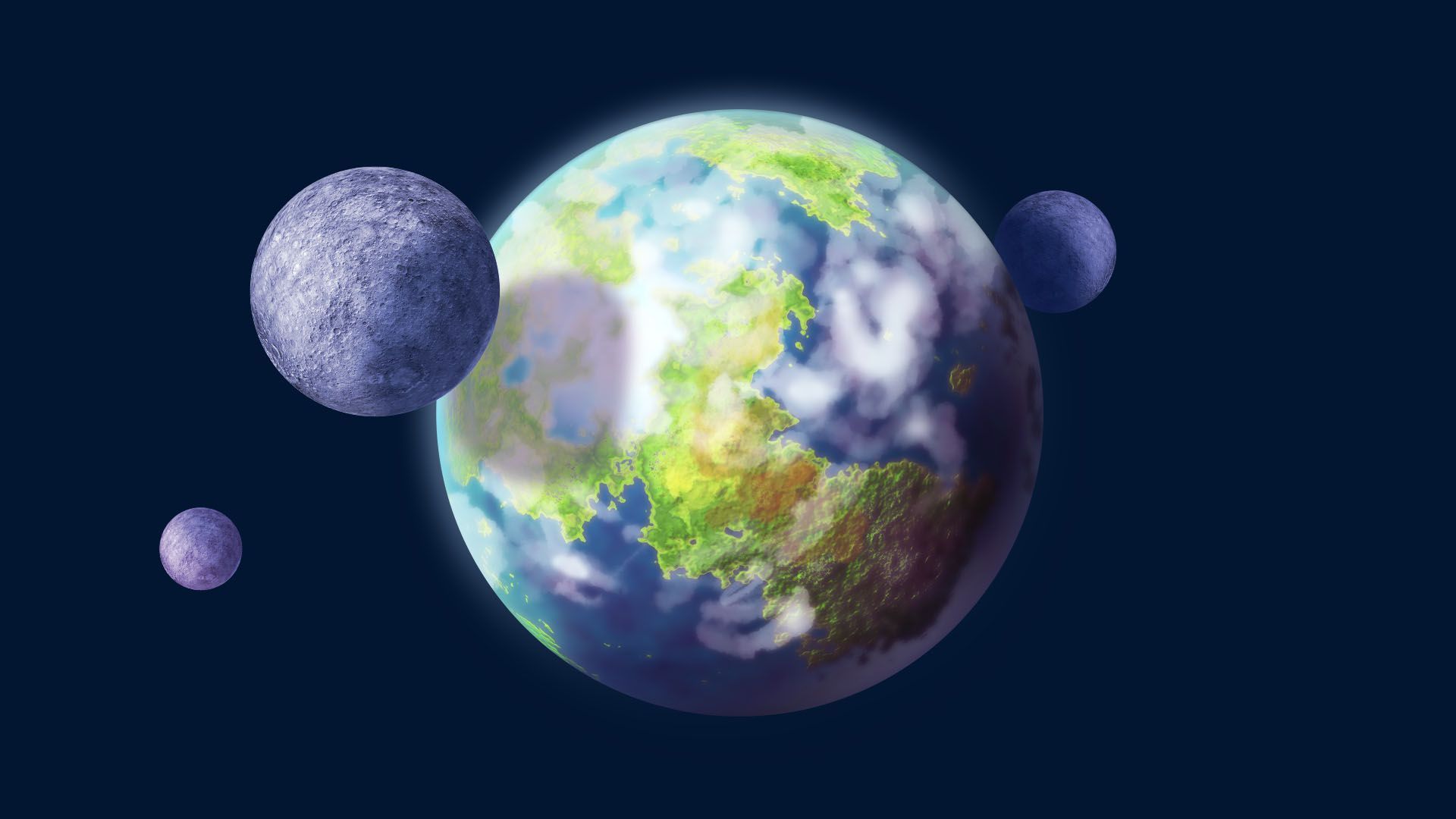 Illustration of an earth-like planet orbited by three moons