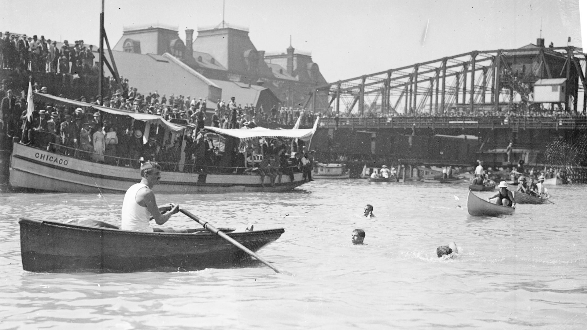  Swimmers swimming in the Chicago River.