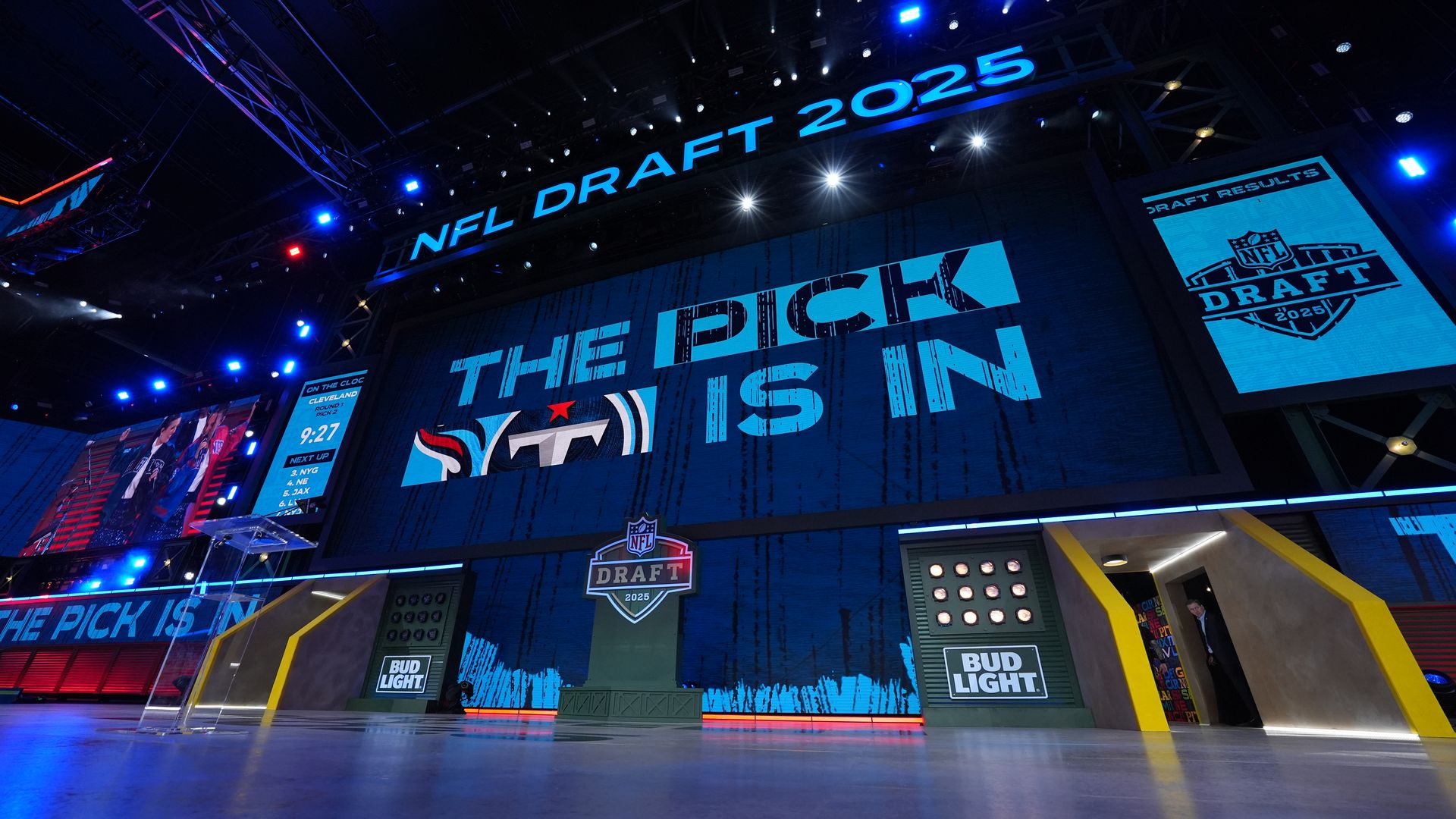 A general view of the video board on stage with The Pick Is In with the Tennessee Titans first pick during the first round of the 2025 NFL Draft on April 24, 2025 in Green Bay, Wisconsin.