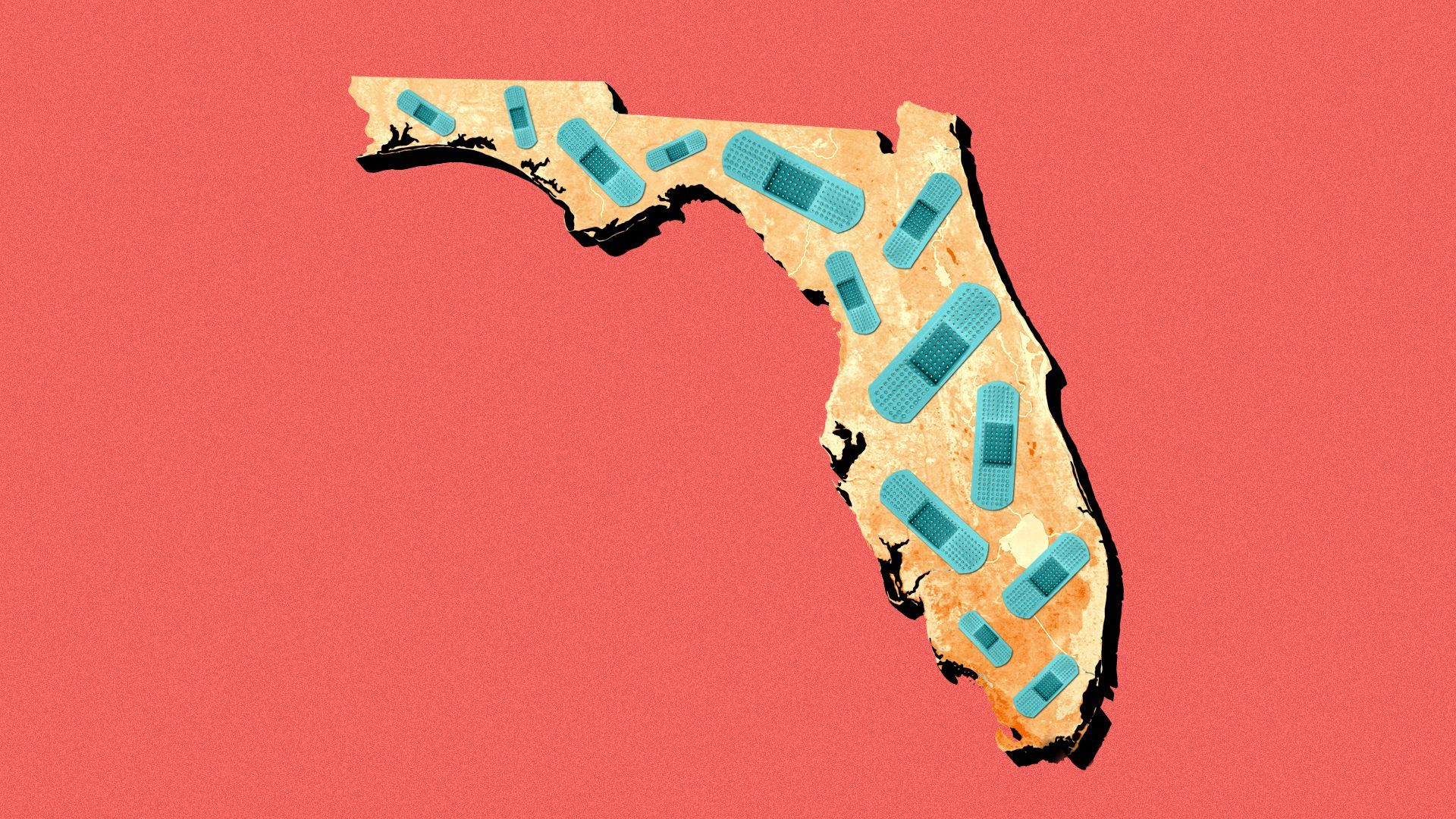 Illustration of the state of Florida covered in bandages.