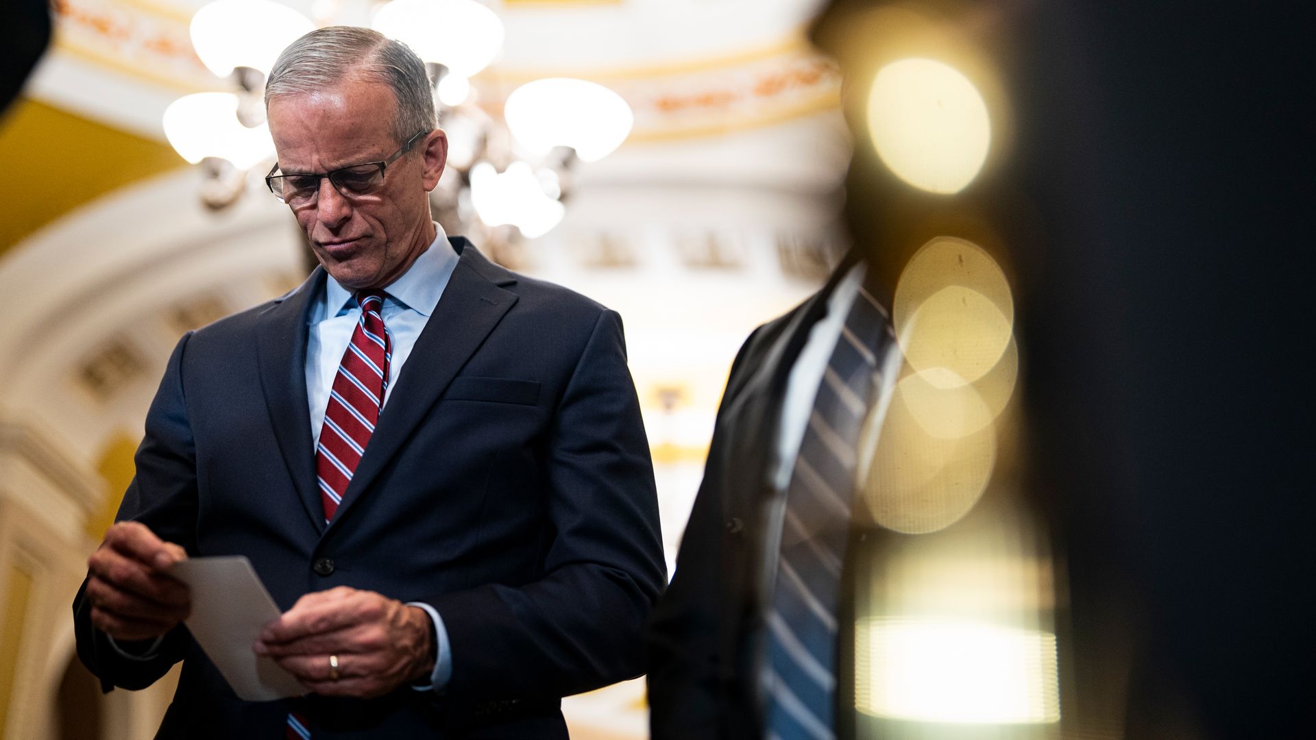 Senate Majority Leader John Thune, a Republican from South Dakota, during a news conference following the Senate Republican policy luncheon 