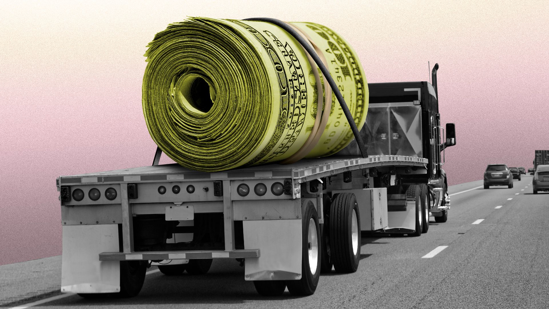Illustration of a flatbed tractor trailer hauling a giant wad of money
