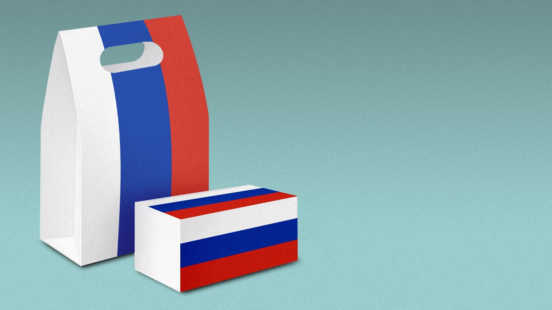 Illustration of a take out bag and food container decorated with the Russian flag stripes
