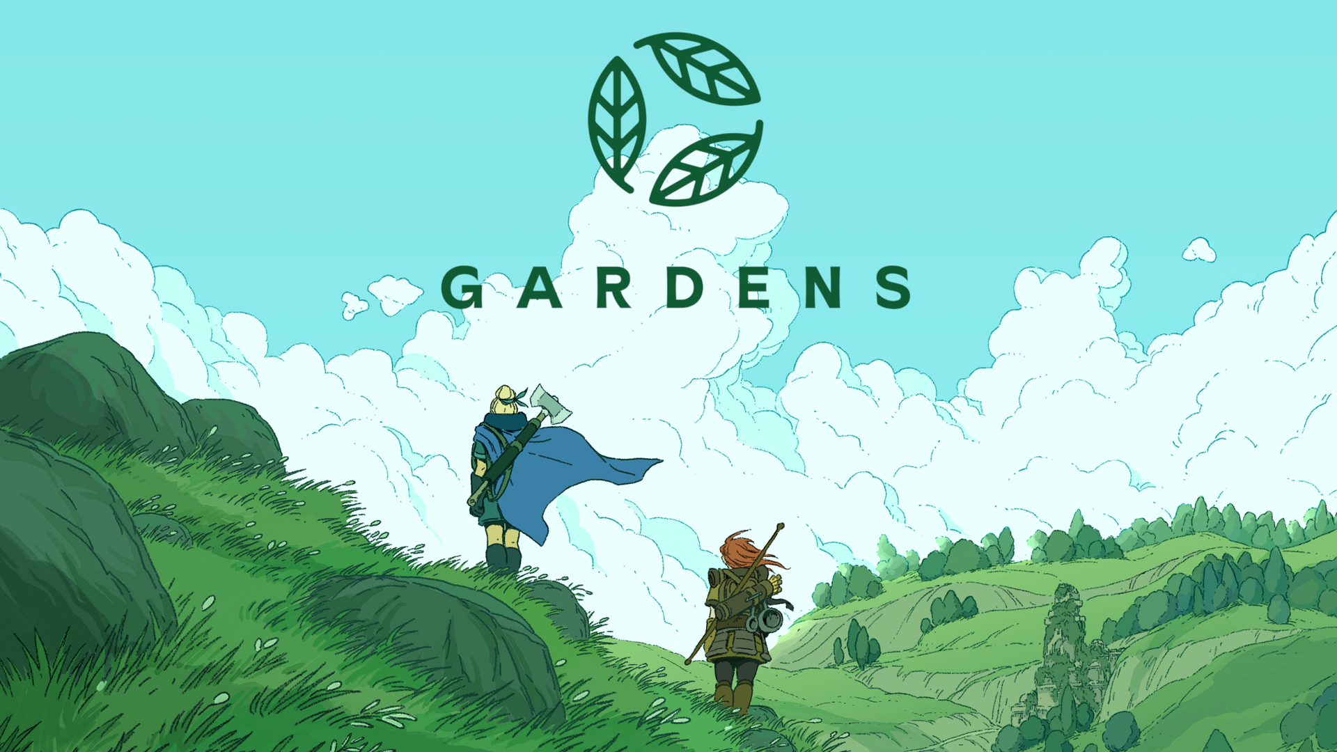 Still from an upcoming game by Gardens of two people, one with an axe and the other with a staff, standing in a green field. The Gardens logo, three leaves in a circle, is in the sky