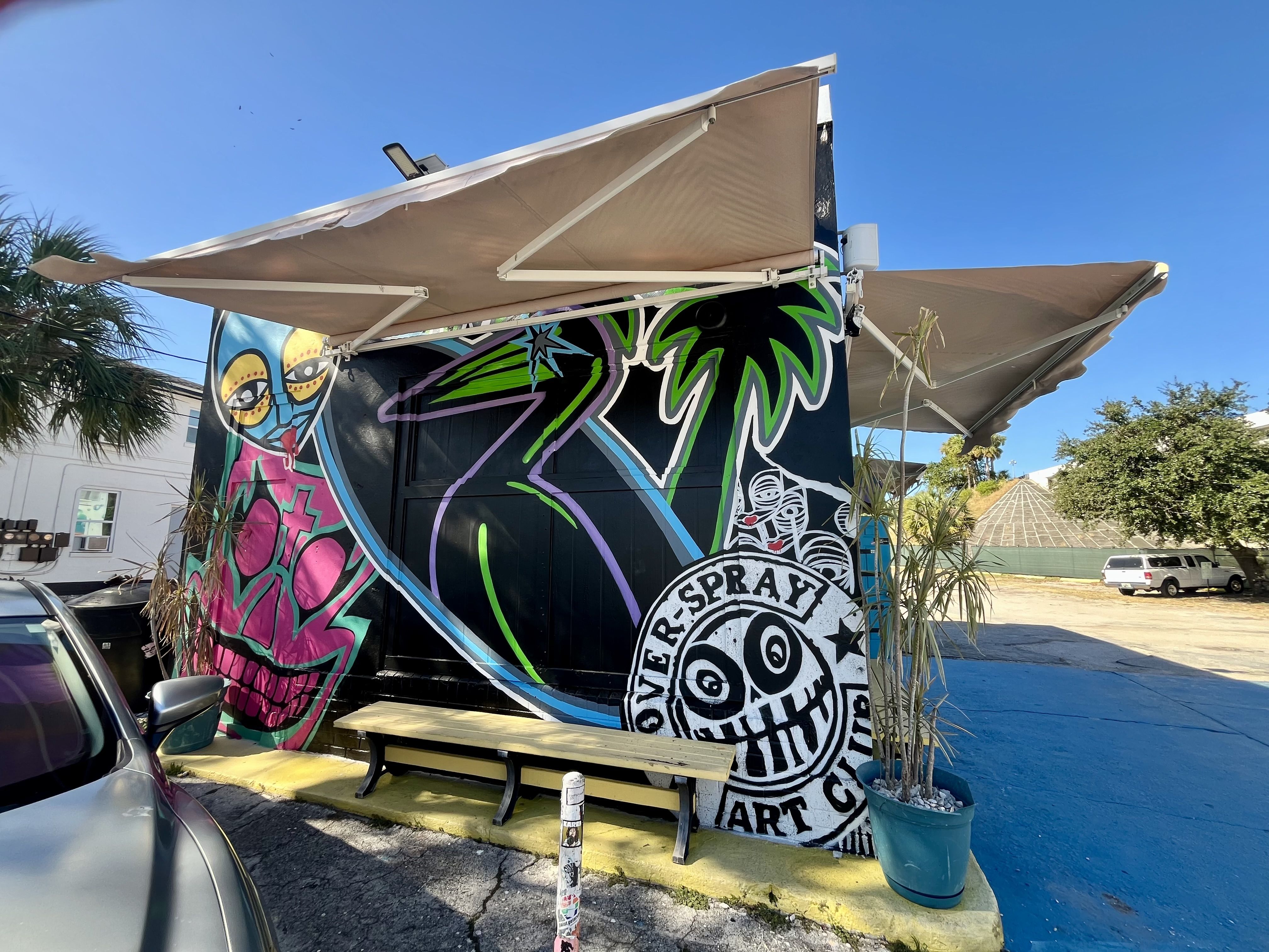 A mural painted with a pink skull and a pelican and palm tree painted with neon green, purple and blue colors.