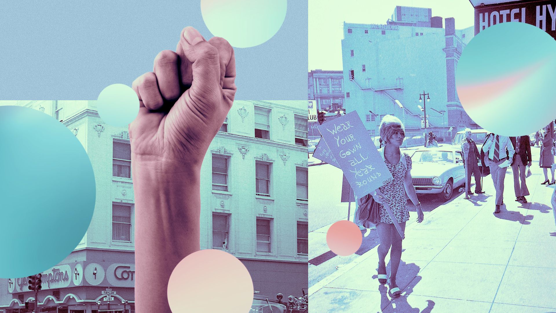 Photo illustration of scenes from San Francisco during the aftermath of the Compton's Cafeteria Riotand and abstract trans flag colors.