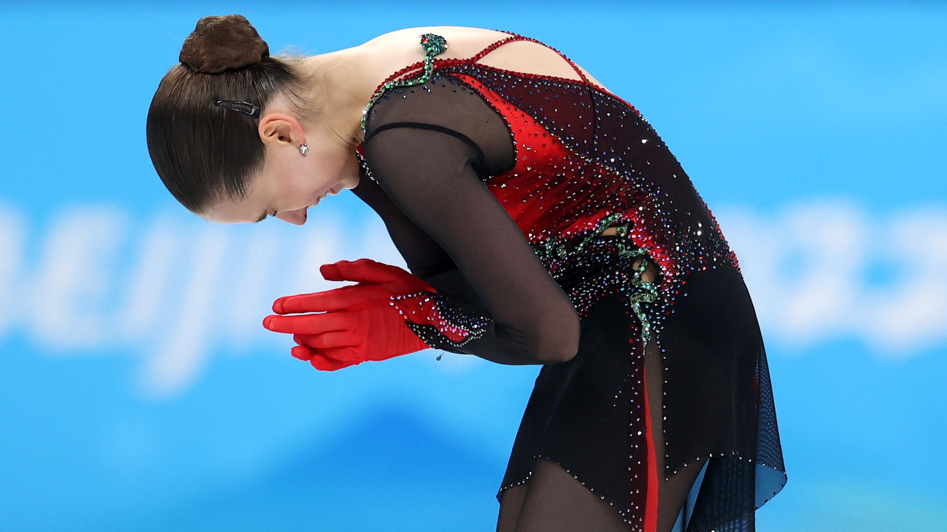 Kamila Valieva of Team ROC reacts after skating during the Women Single Skating Free Skating on day thirteen of the Beijing 2022 Winter Olympic Games.