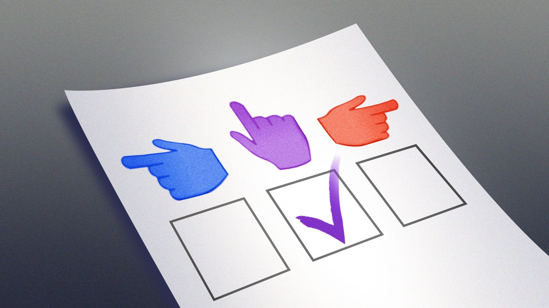 Illustration of a piece of paper with a blue hand pointing left, purple hand pointing up, and red hand pointing right with the purple hand checked off.