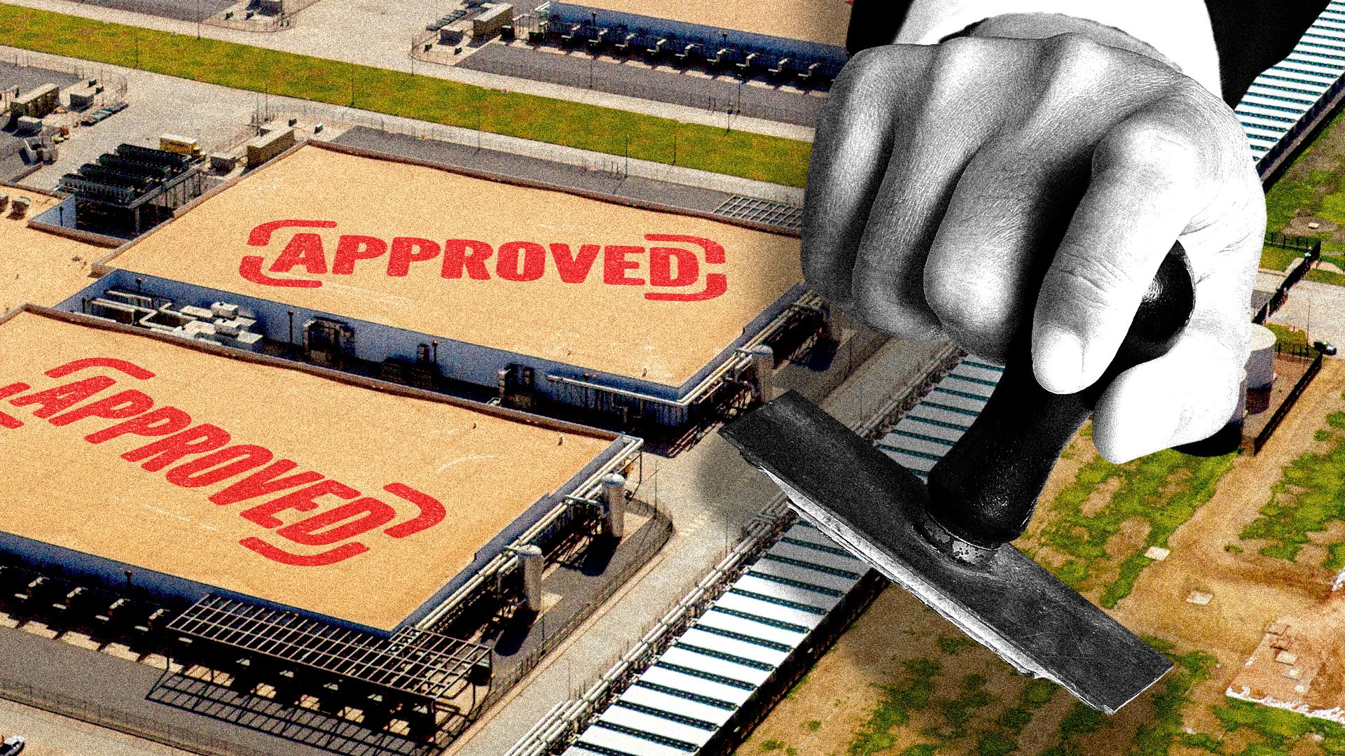 Photo illustration of a data center with "APPROVED" stamped on the roofs of two of its buildings, while a hand with a rubber stamp hovers overhead.