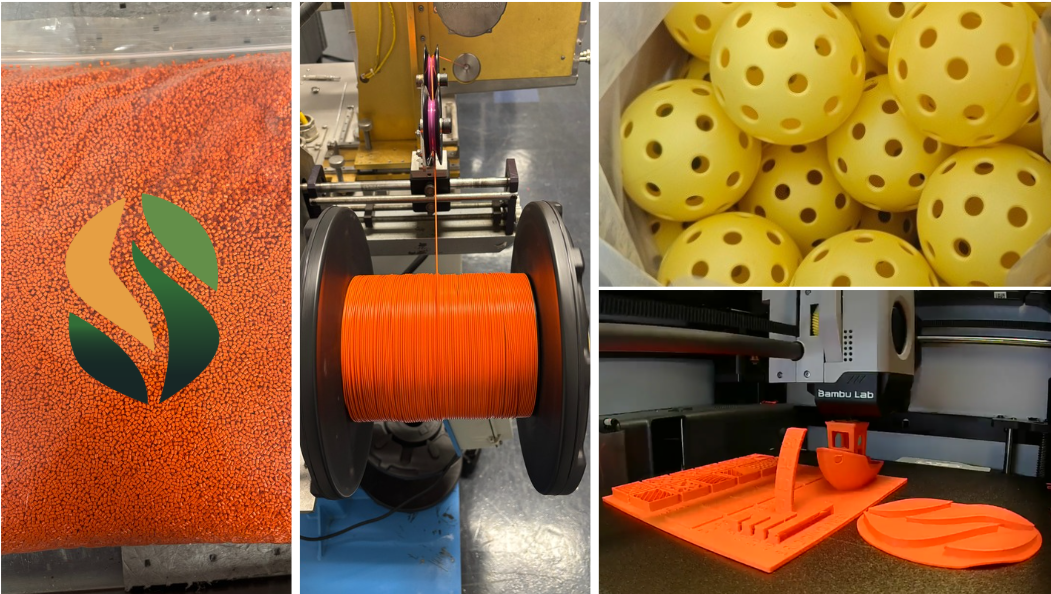 Four images put together showing plastic pellets, plastic twine, pickleball balls and plastic utensils by Saber